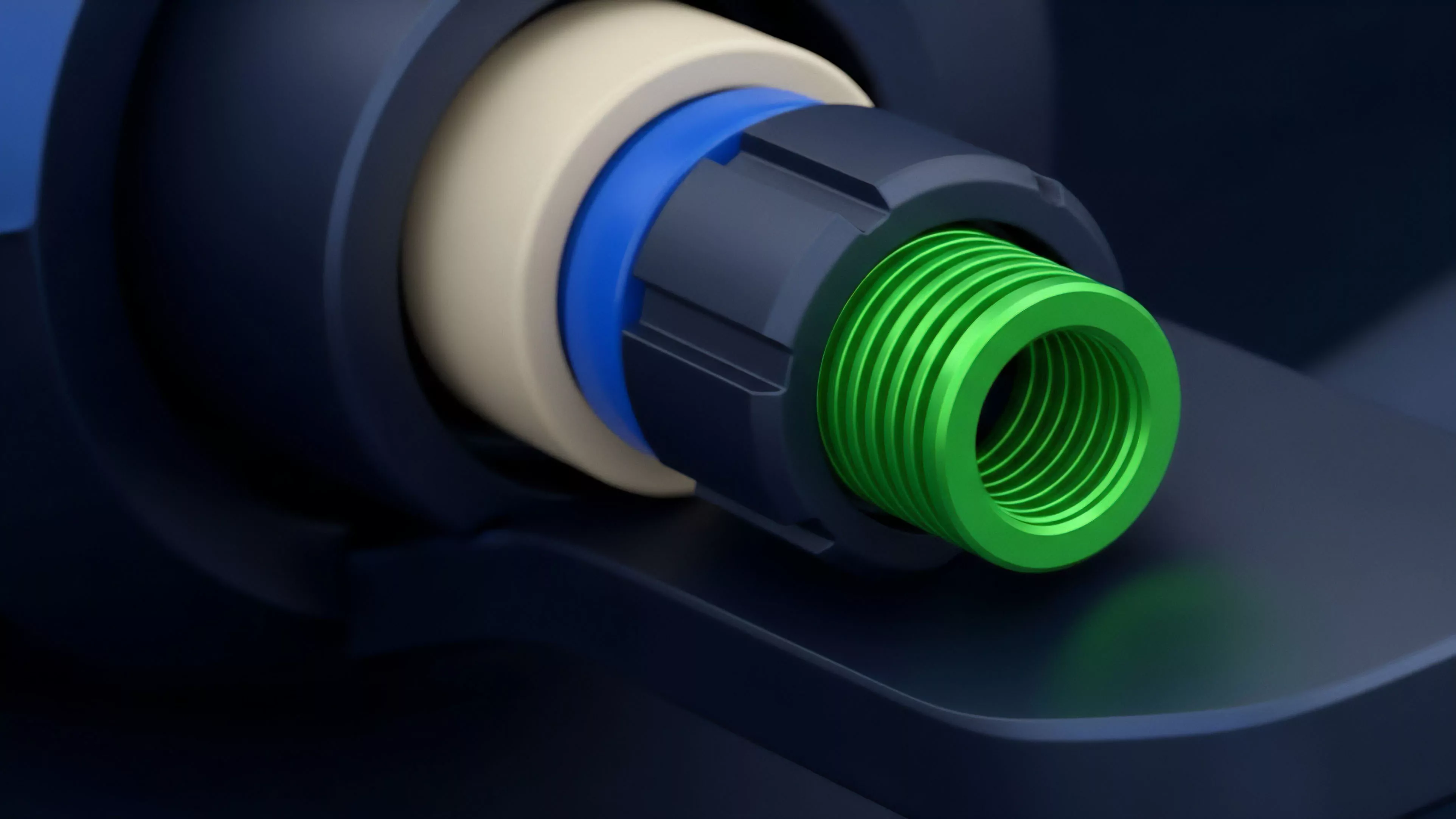 A precise, multi-layered mechanical assembly where distinct components interlock. This structure represents the composability of decentralized finance DeFi protocols and the structure of complex financial derivatives. The dark outer casing and inner rings symbolize layered collateral requirements and risk management mechanisms. The bright green threaded core signifies the underlying tokenized asset or liquidity provision in a perpetual futures contract. This modular architecture ensures precise settlement and maintains the integrity of the collateralized debt position.