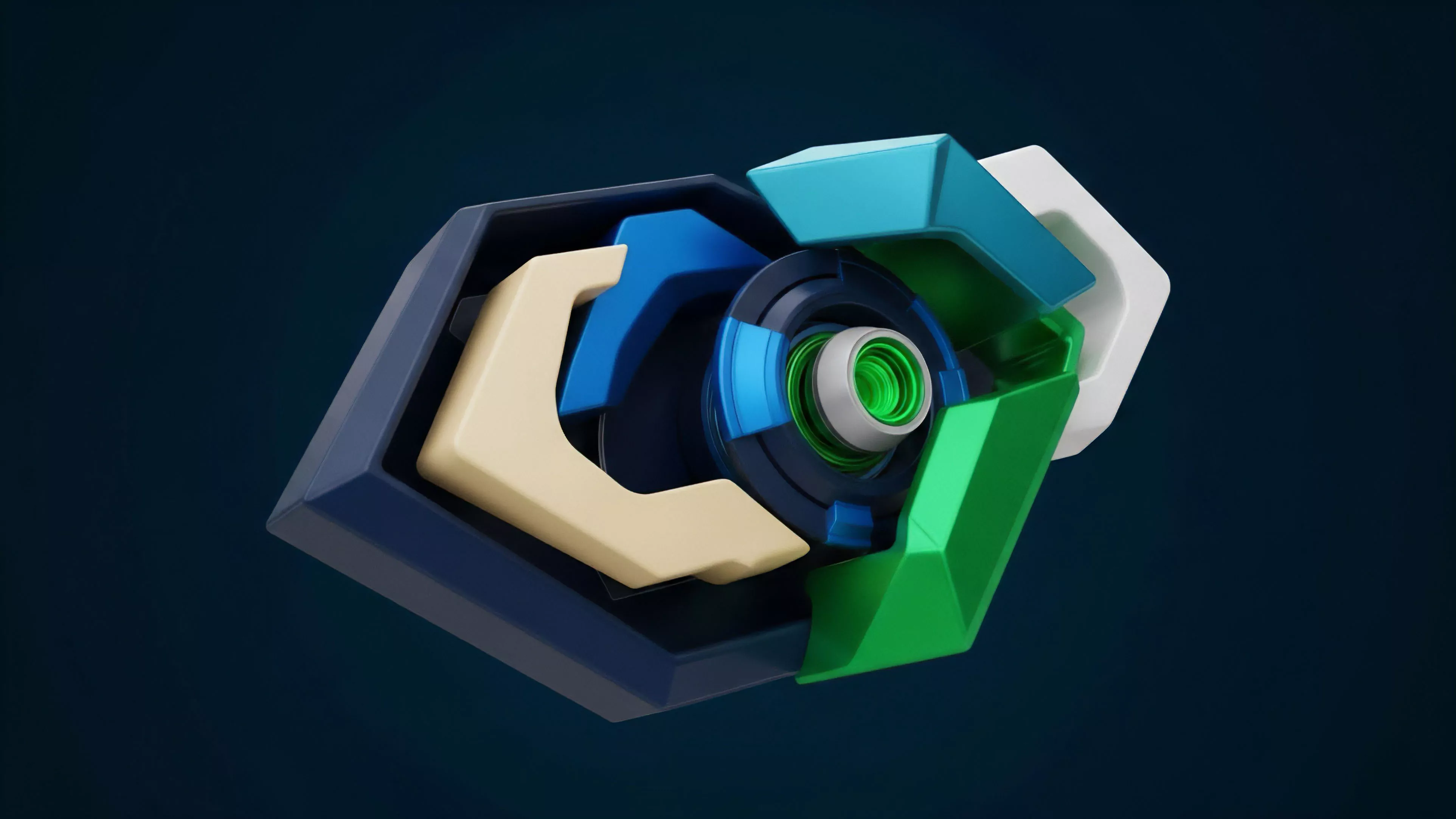 A detailed rendering showcases a complex, modular system architecture, composed of interlocking geometric components in diverse colors including navy blue, teal, green, and beige. This structure visually represents the intricate design of sophisticated financial derivatives. The core mechanism symbolizes a dynamic pricing model or an oracle feed, while the surrounding layers denote distinct collateralization modules and risk management frameworks. The precise assembly illustrates the functional interoperability required for complex smart contracts within decentralized finance protocols, ensuring robust execution and risk decomposition.