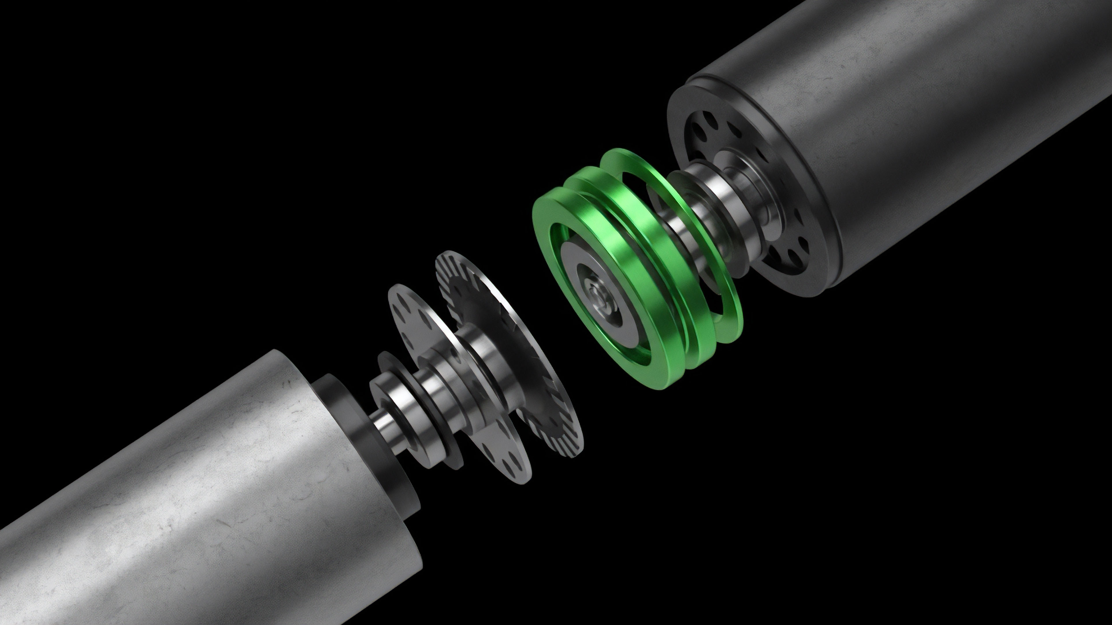 A technical diagram shows an exploded view of intricate mechanical components, representing the modular structure of a decentralized finance protocol. The separated parts symbolize risk segregation within derivative products, where the green rings denote distinct collateral tranches or tokenized assets. The metallic discs represent automated smart contract logic and settlement mechanisms. This visual metaphor illustrates the complex interconnection required for capital efficiency and secure execution in a high-frequency options trading environment.