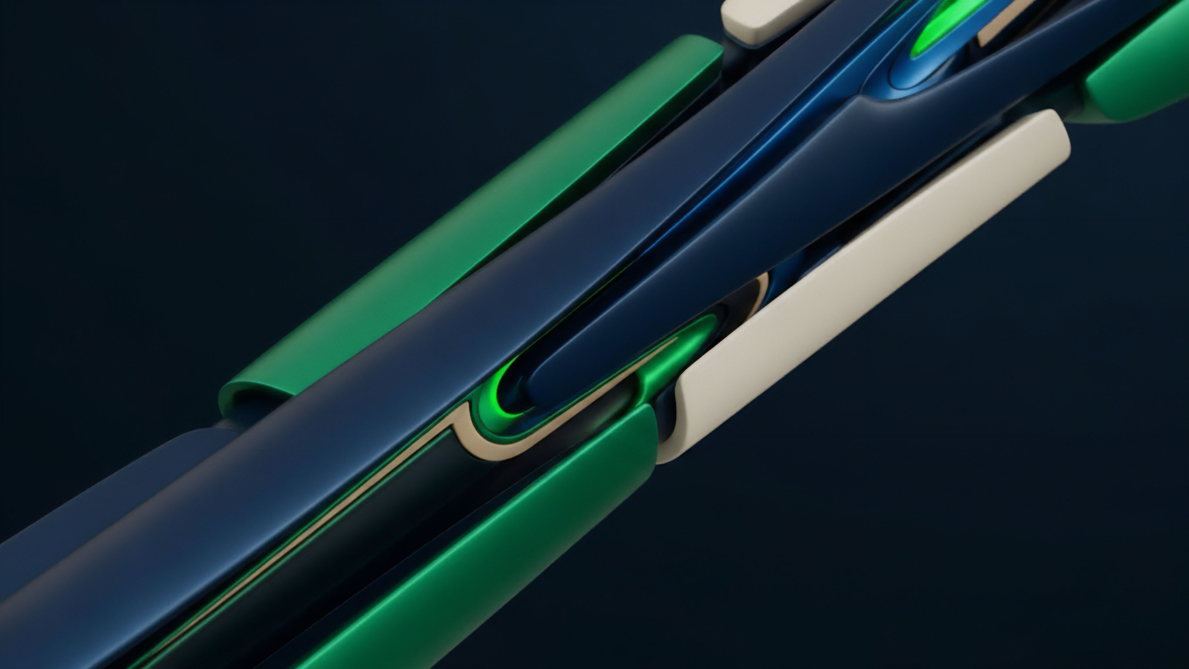 A high-tech, abstract composition of sleek, interlocking components in dark blue, vibrant green, and cream hues. This complex structure visually represents the intricate architecture of a decentralized protocol stack, illustrating the seamless interoperability and composability required for a robust Layer 2 scaling solution. The interlocked forms symbolize smart contracts interacting within an Automated Market Maker AMM framework, facilitating automated liquidation and collateralization processes for complex financial derivatives like perpetual options contracts. The dynamic flow suggests efficient, high-velocity transaction throughput.