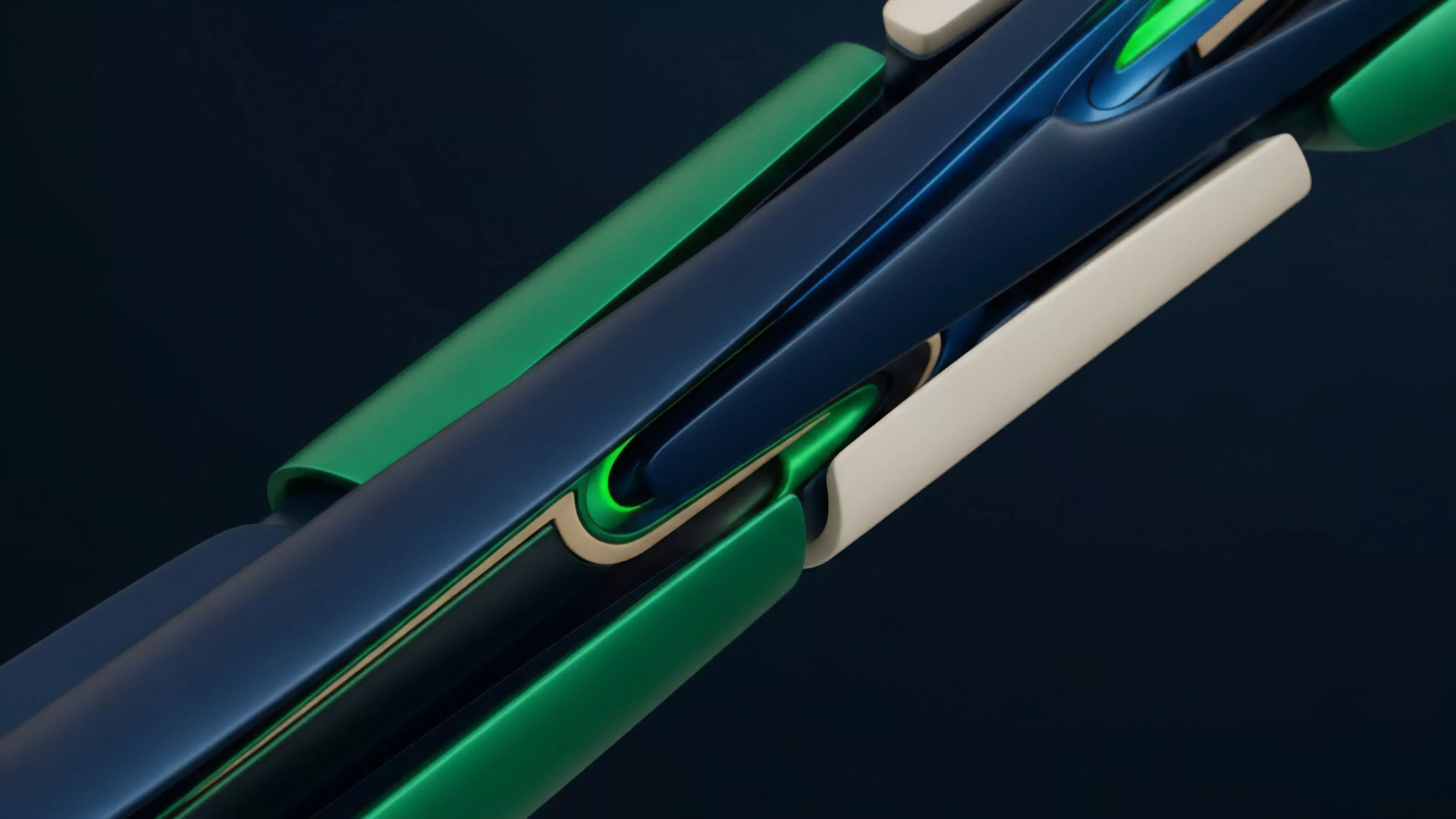 A high-tech, abstract composition of sleek, interlocking components in dark blue, vibrant green, and cream hues. This complex structure visually represents the intricate architecture of a decentralized protocol stack, illustrating the seamless interoperability and composability required for a robust Layer 2 scaling solution. The interlocked forms symbolize smart contracts interacting within an Automated Market Maker AMM framework, facilitating automated liquidation and collateralization processes for complex financial derivatives like perpetual options contracts. The dynamic flow suggests efficient, high-velocity transaction throughput.