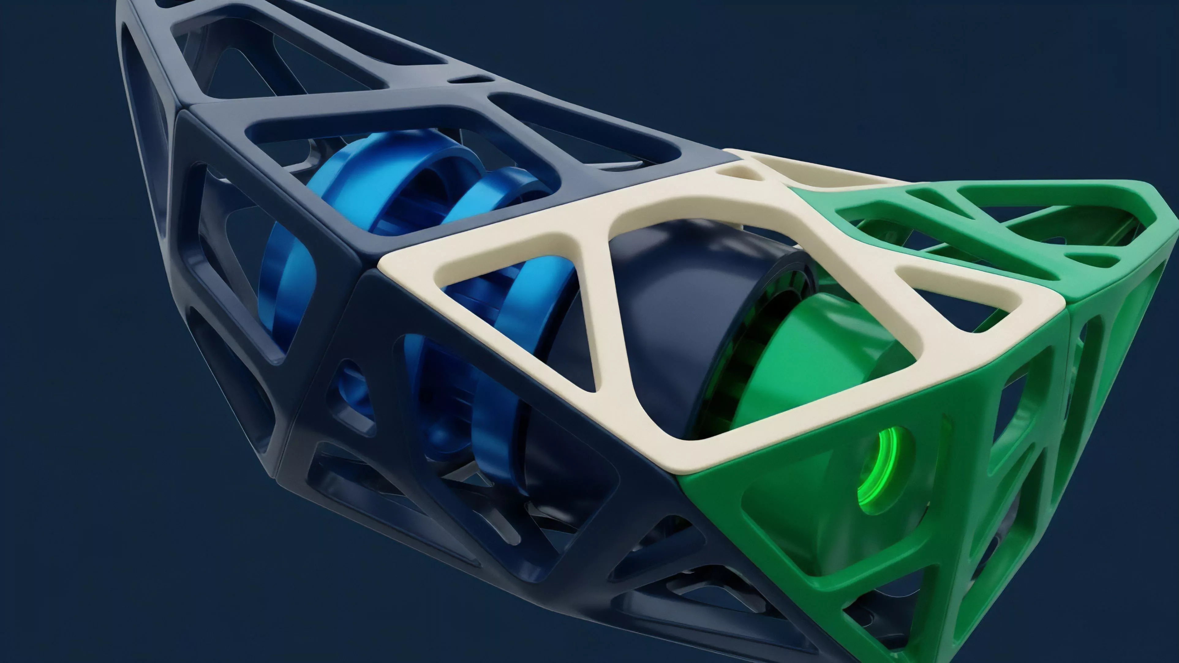 An abstract 3D render displays a complex modular structure composed of interconnected segments in different colors ⎊ dark blue, beige, and green. The open, lattice-like framework exposes internal components, including cylindrical elements that represent a flow of value or data within the structure
