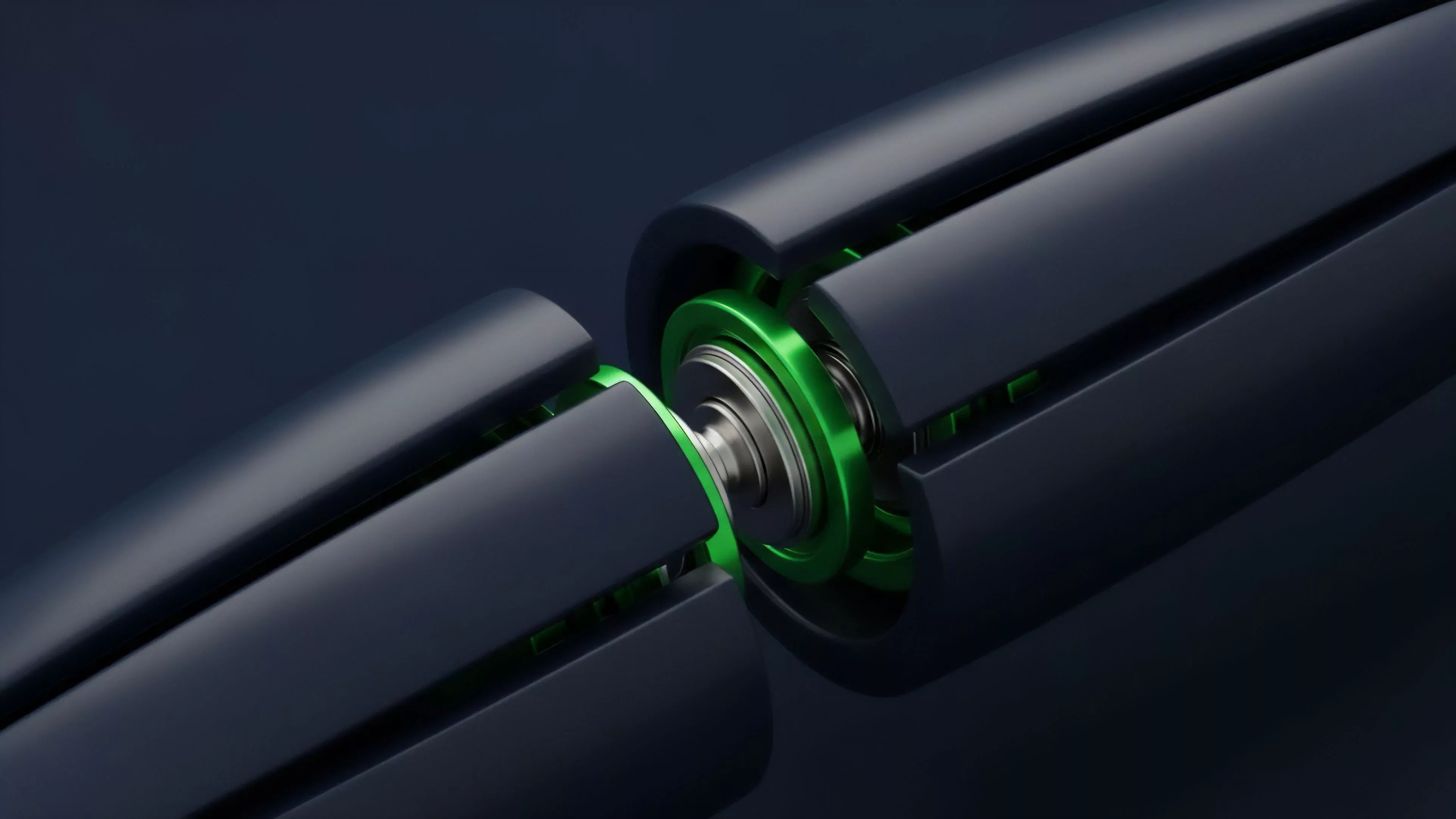 A detailed view of two modular segments engaging in a precise interface, where a glowing green ring highlights the connection point.