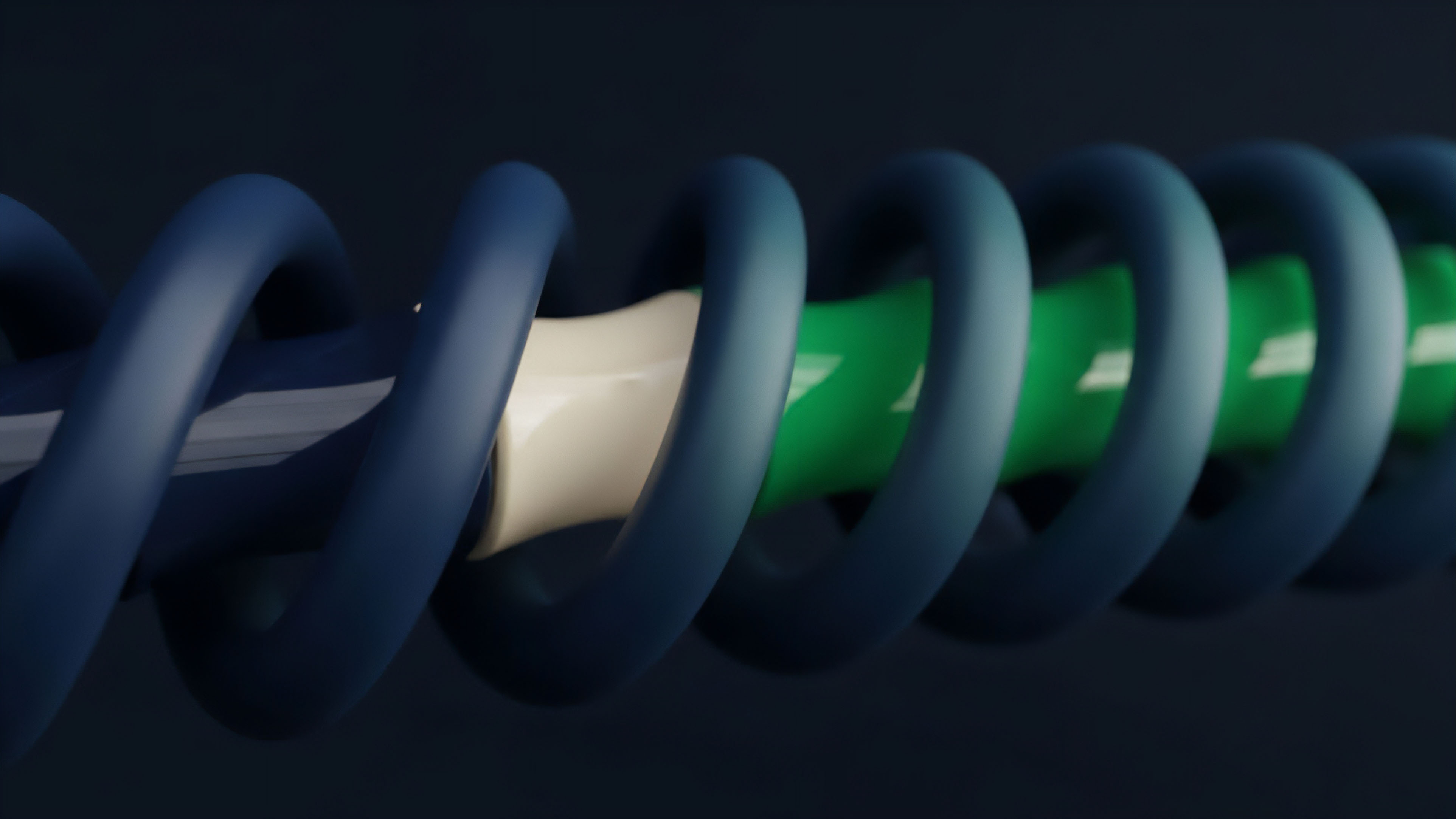 A macro view displays a dark blue spiral element wrapping around a central core composed of distinct segments. The core transitions from a dark section to a pale cream-colored segment, followed by a bright green segment, illustrating a complex, layered architecture. This abstract visualization represents a structured derivative product in decentralized finance, where a multi-asset collateral structure is encapsulated by a smart contract wrapper. The segmented internal components reflect different risk profiles or tokenized assets within a liquidity pool, enabling advanced risk segmentation and yield generation strategies within the blockchain architecture.