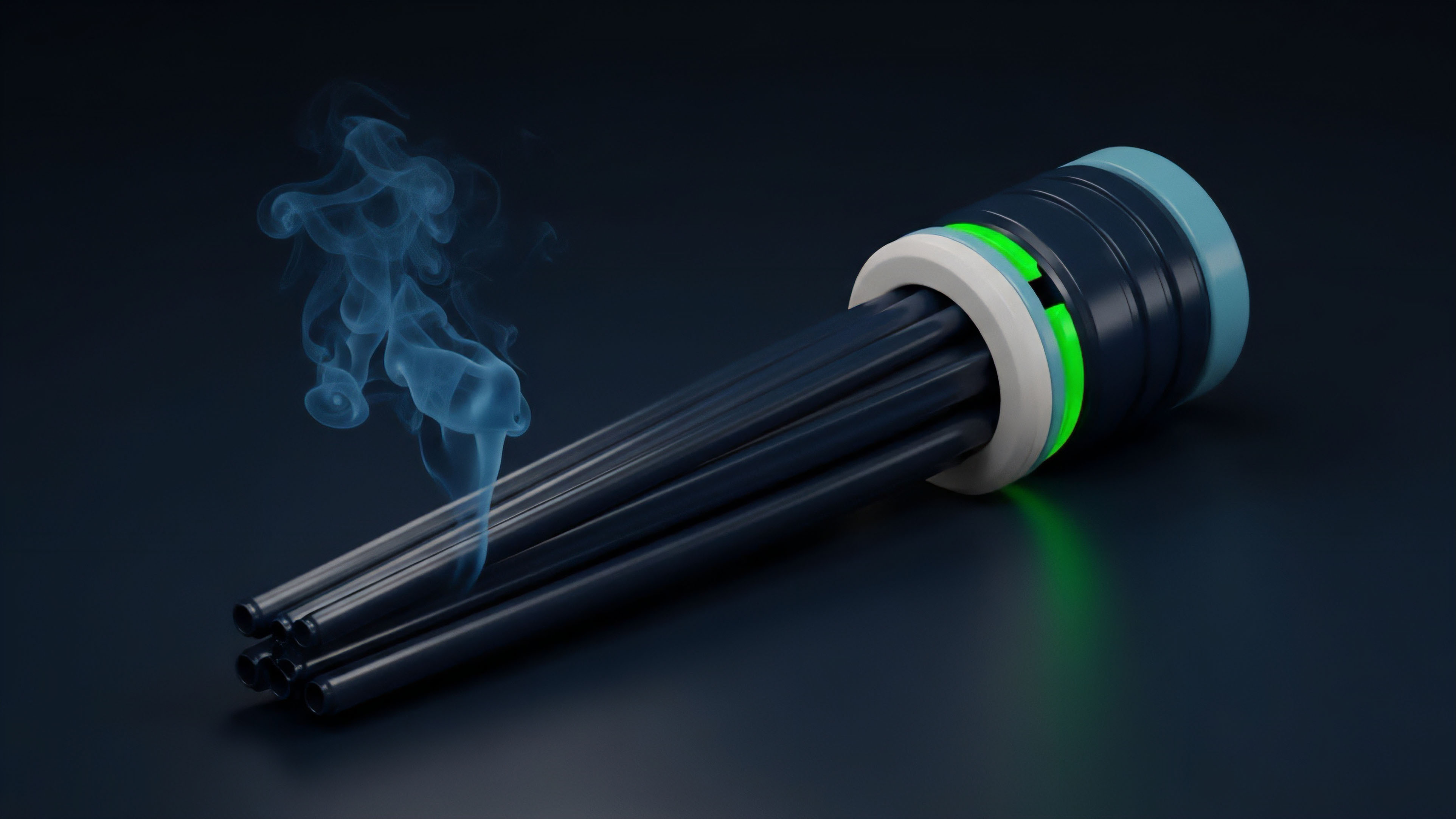 A high-tech module featuring multiple dark, thin rods extending from a glowing green base. The rods symbolize high-speed data conduits essential for algorithmic execution and market depth aggregation in high-frequency trading environments. The central green luminescence represents an active state of liquidity provision and real-time data processing. Wisps of blue smoke emanate from the ends, symbolizing volatility spillover and the inherent derivative risk exposure associated with complex multi-asset consolidation and programmatic trading strategies.