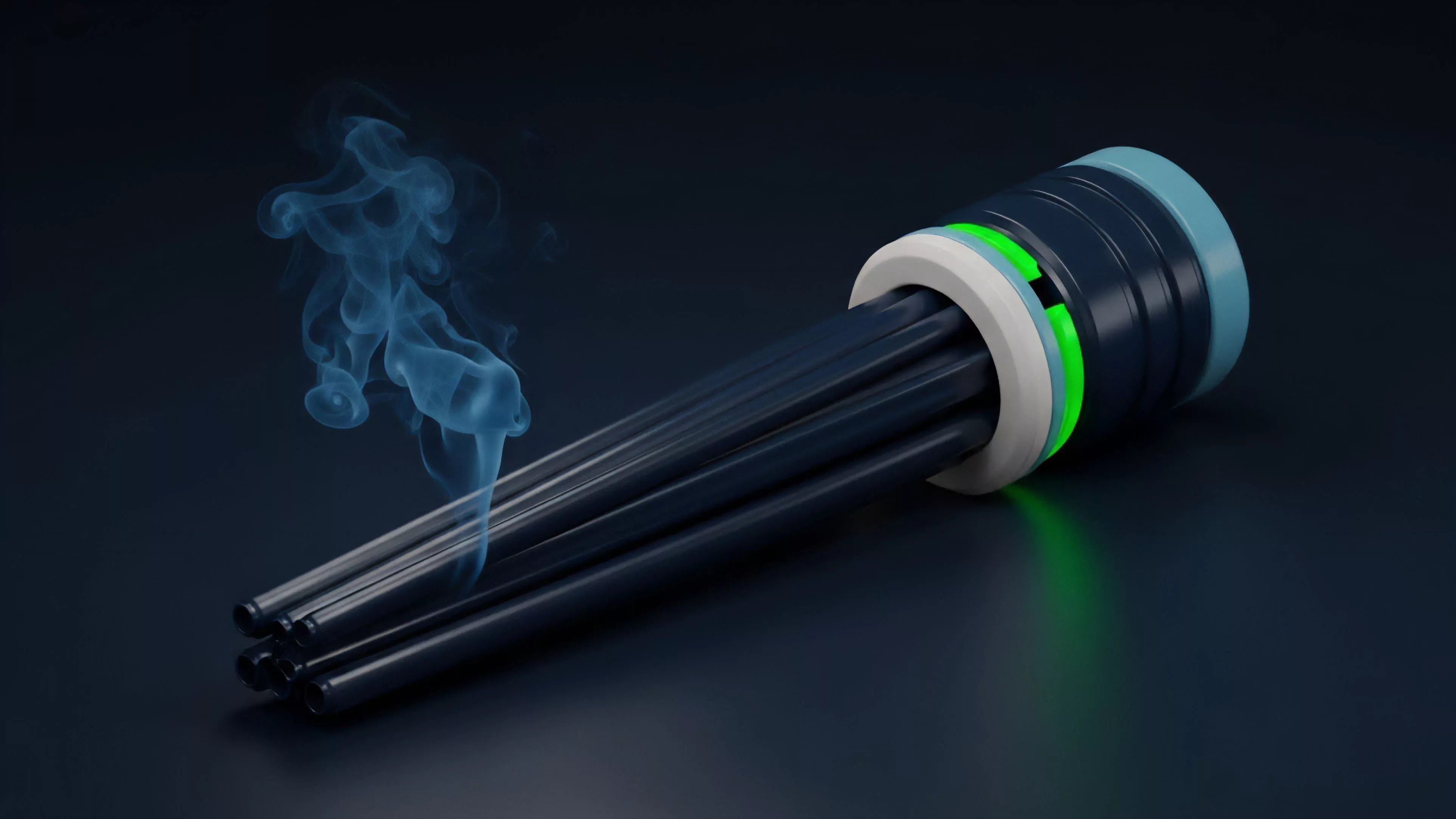 A high-tech module featuring multiple dark, thin rods extending from a glowing green base. The rods symbolize high-speed data conduits essential for algorithmic execution and market depth aggregation in high-frequency trading environments. The central green luminescence represents an active state of liquidity provision and real-time data processing. Wisps of blue smoke emanate from the ends, symbolizing volatility spillover and the inherent derivative risk exposure associated with complex multi-asset consolidation and programmatic trading strategies.