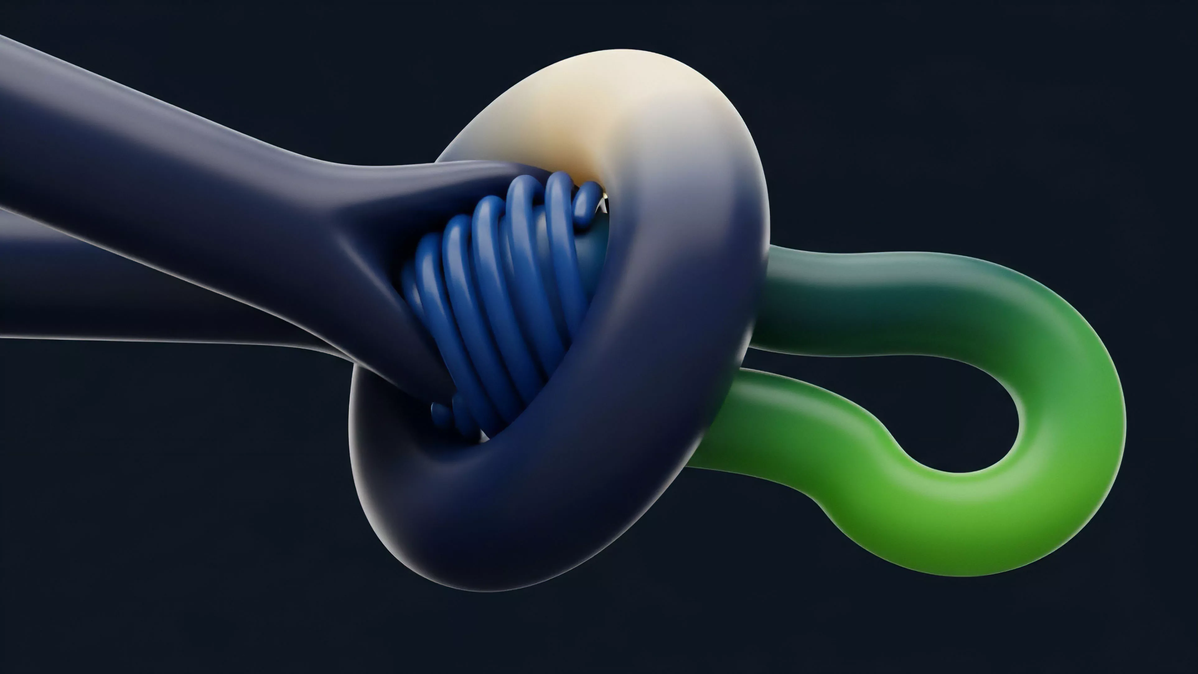 A close-up view presents three interconnected, rounded, and colorful elements against a dark background. A large, dark blue loop structure forms the core knot, intertwining tightly with a smaller, coiled blue element, while a bright green loop passes through the main structure