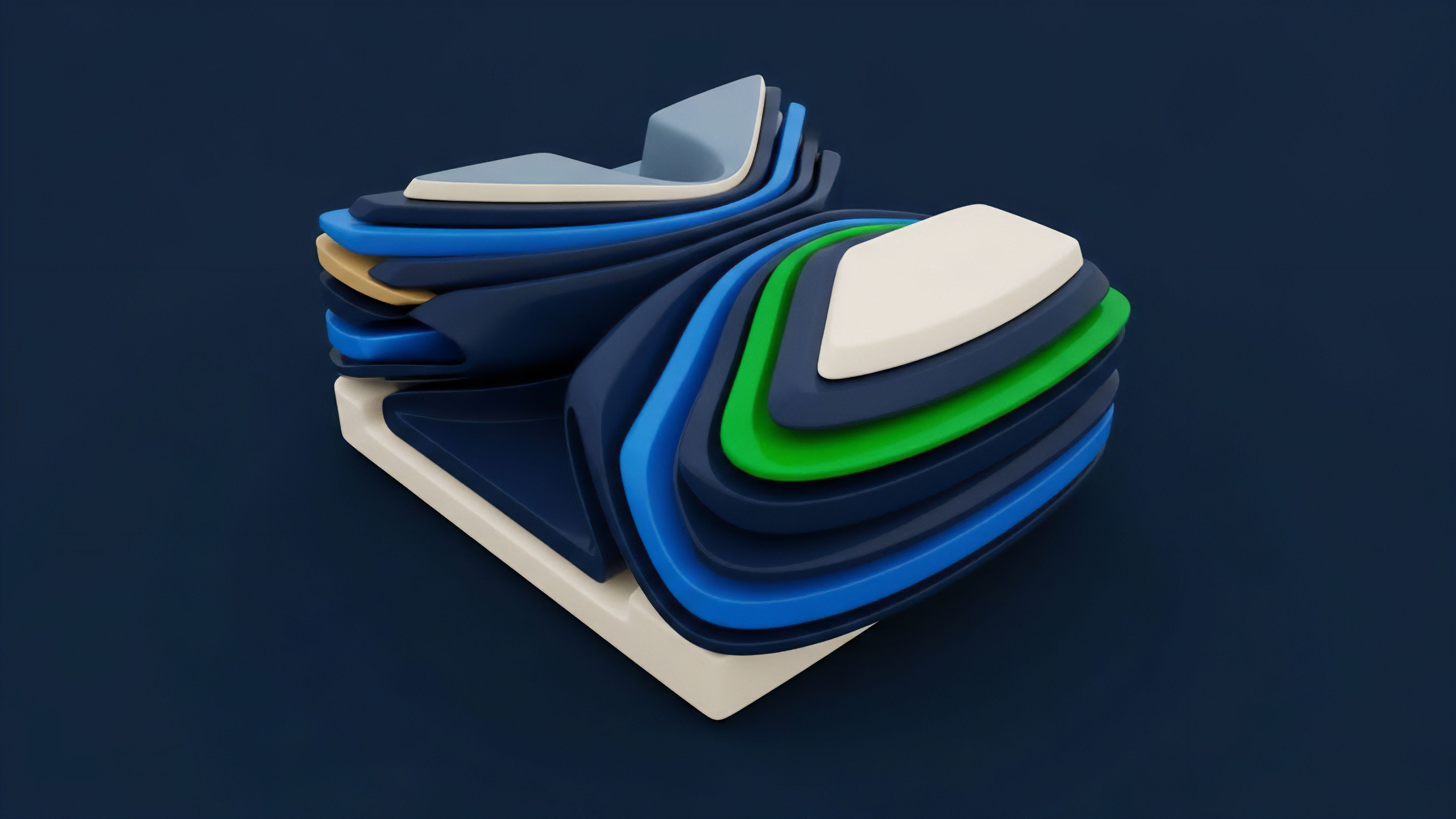 A three-dimensional structure features a composite of fluid, layered components in shades of blue, off-white, and bright green. The abstract form symbolizes a complex structured financial product within the decentralized finance DeFi space. Each layer represents a specific tranche of the multi-asset derivative, detailing distinct collateralization requirements and risk profiles. The dynamic flow suggests constant rebalancing of liquidity layers and the volatility surface, highlighting a complex risk management framework for synthetic assets and options contracts within a sophisticated execution layer environment.