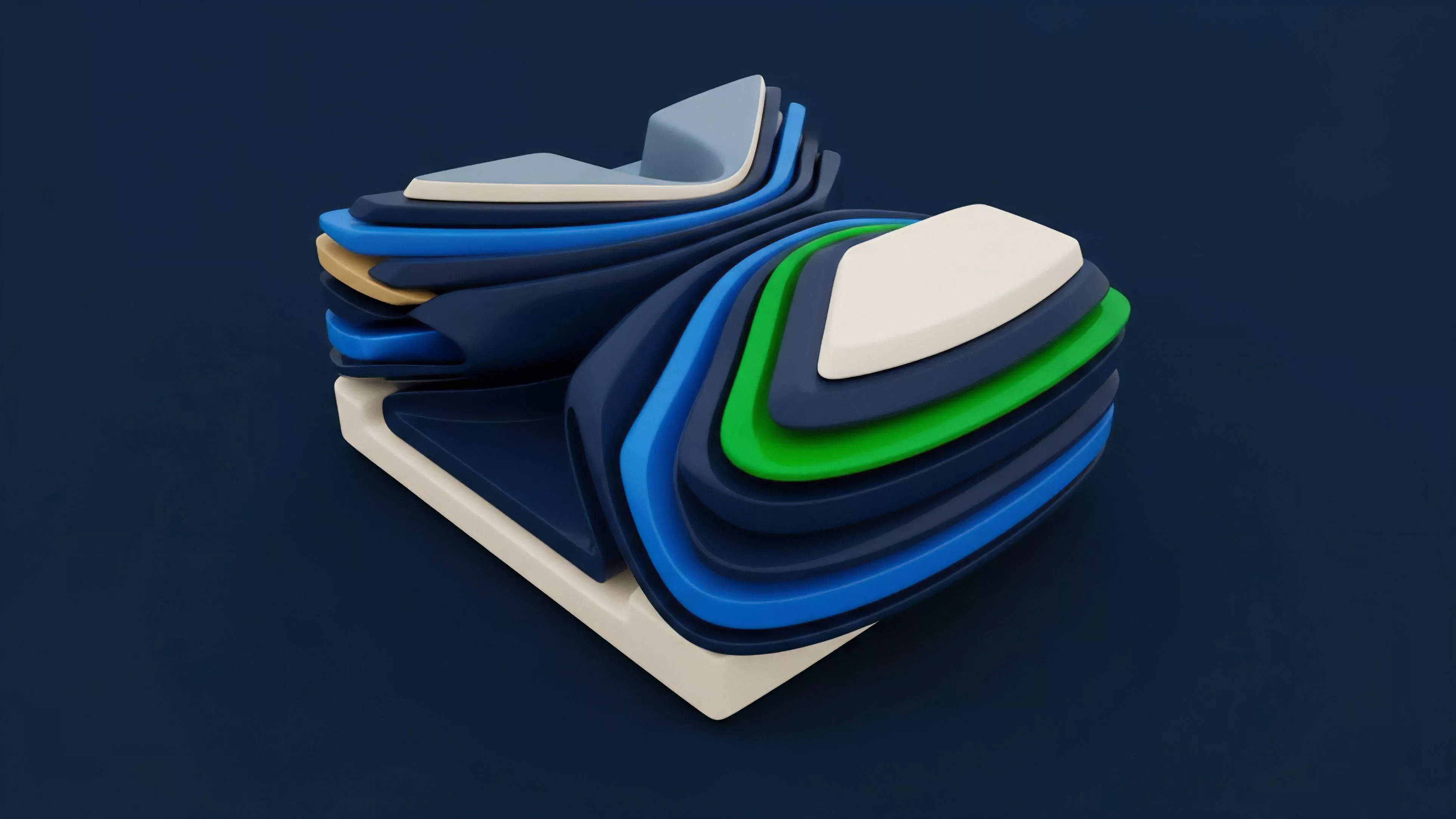 A three-dimensional abstract geometric structure is displayed, featuring multiple stacked layers in a fluid, dynamic arrangement. The layers exhibit a color gradient, including shades of dark blue, light blue, bright green, beige, and off-white