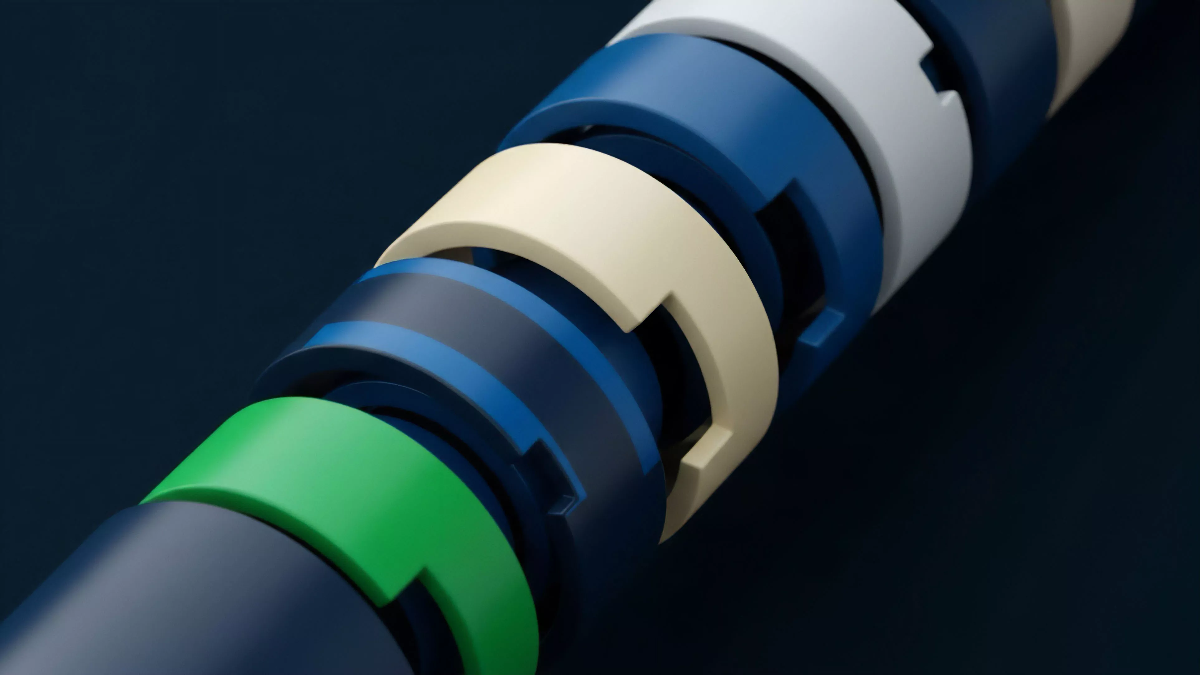 The image showcases a series of cylindrical segments, featuring dark blue, green, beige, and white colors, arranged sequentially. The segments precisely interlock, forming a complex and modular structure
