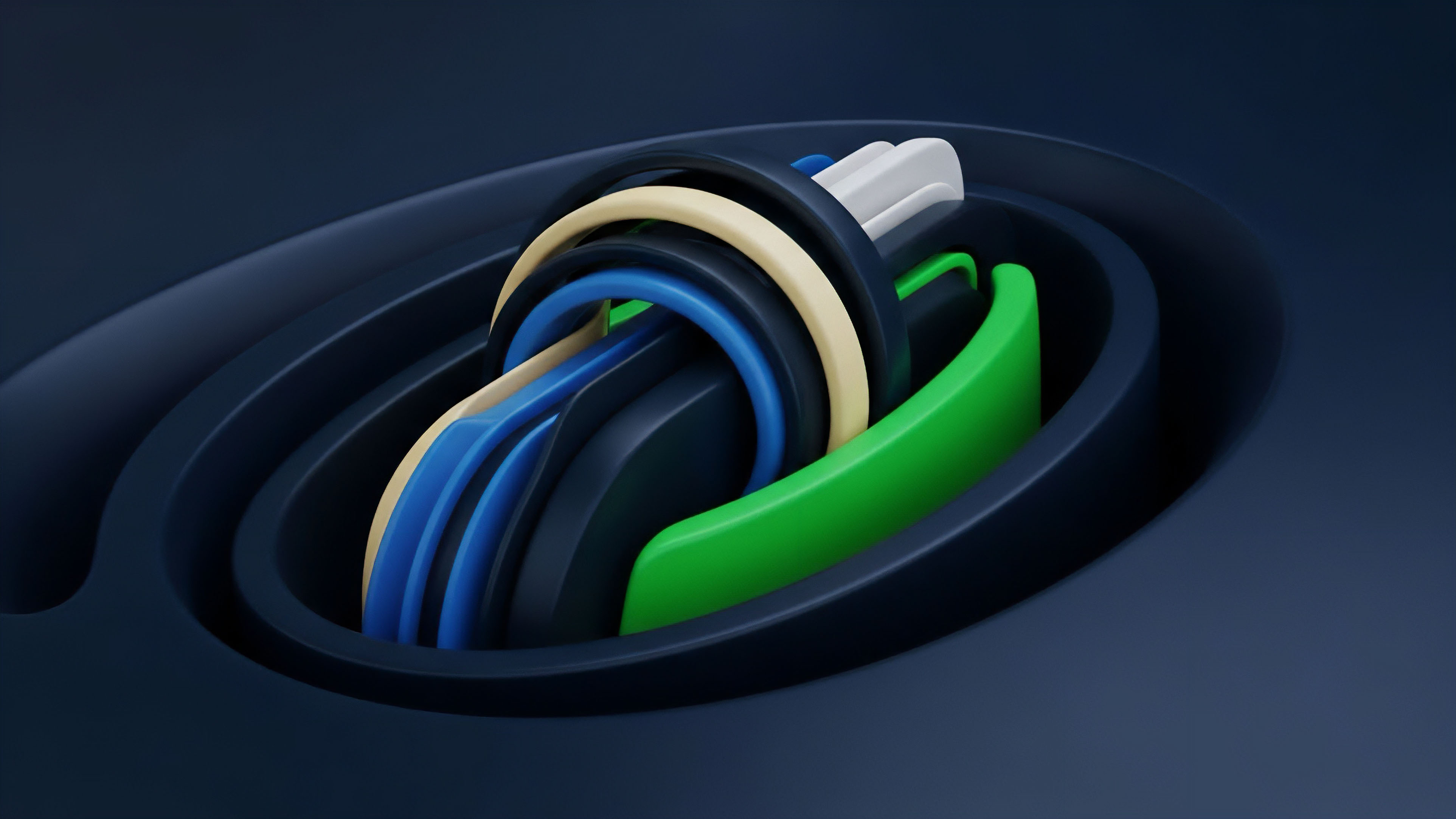 A complex, multi-layered spiral structure abstractly represents the intricate web of decentralized finance protocols. The intertwining bands symbolize different asset classes or liquidity pools within an automated market maker AMM system. The distinct colors illustrate diverse token collateral and yield-bearing synthetic assets, where the central convergence point signifies risk aggregation in derivative tranches. This visual metaphor highlights the high level of interconnectedness, illustrating how composability can introduce systemic risk and counterparty exposure in sophisticated financial derivatives markets, such as options trading and futures contracts. The overall structure conveys the dynamism of liquidity flow and market structure complexity.