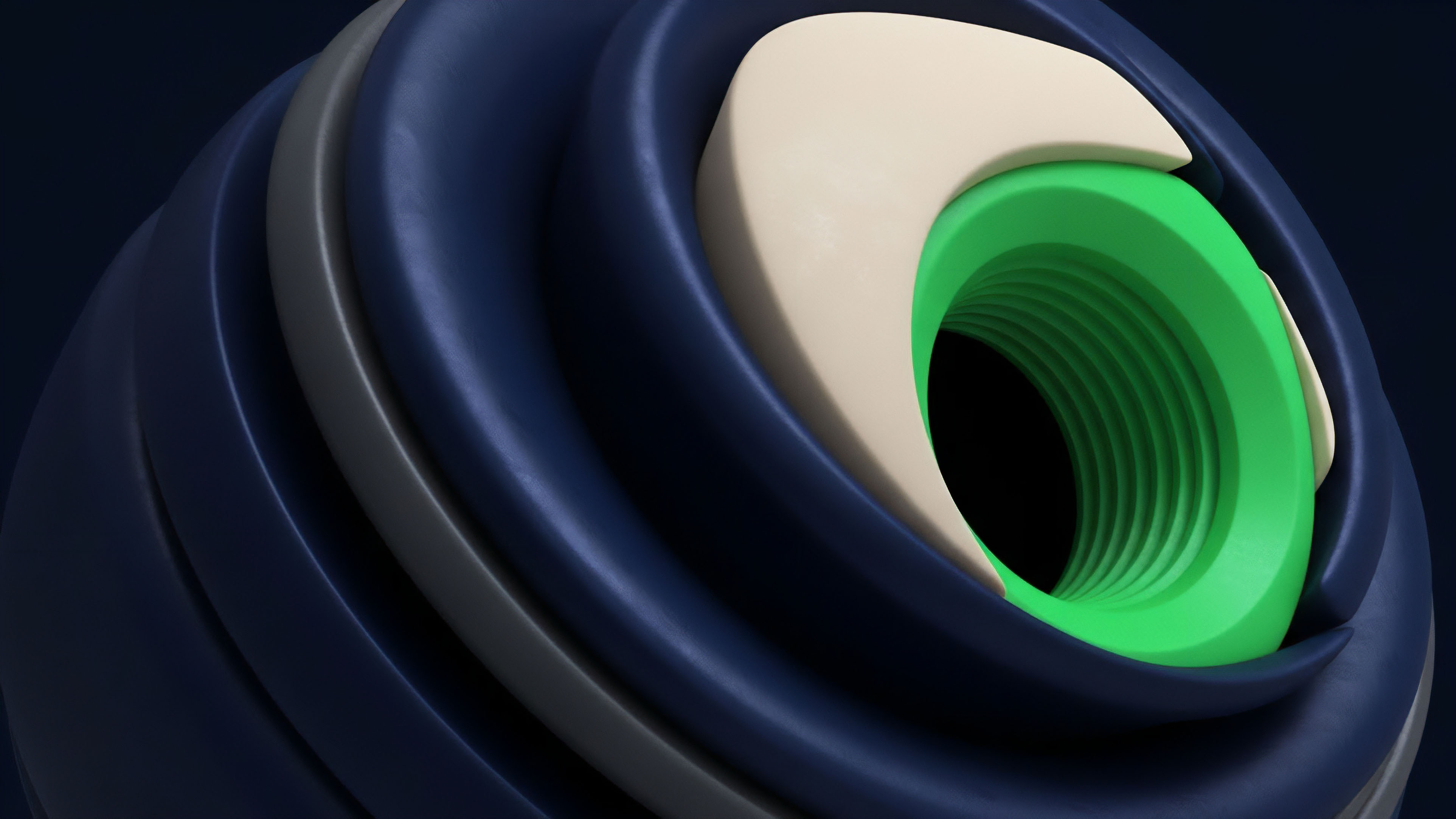 A detailed close-up view of concentric layers featuring deep blue and grey hues that converge towards a central opening. A bright green ring with internal threading is visible within the core structure. This layered design metaphorically represents the complex architecture of a decentralized protocol. The outer layers symbolize Layer-2 solutions and risk management frameworks, while the inner components signify smart contract logic and collateralization mechanisms essential for executing financial derivatives like options contracts. The interlocking nature illustrates seamless interoperability and liquidity flow between different protocol layers.