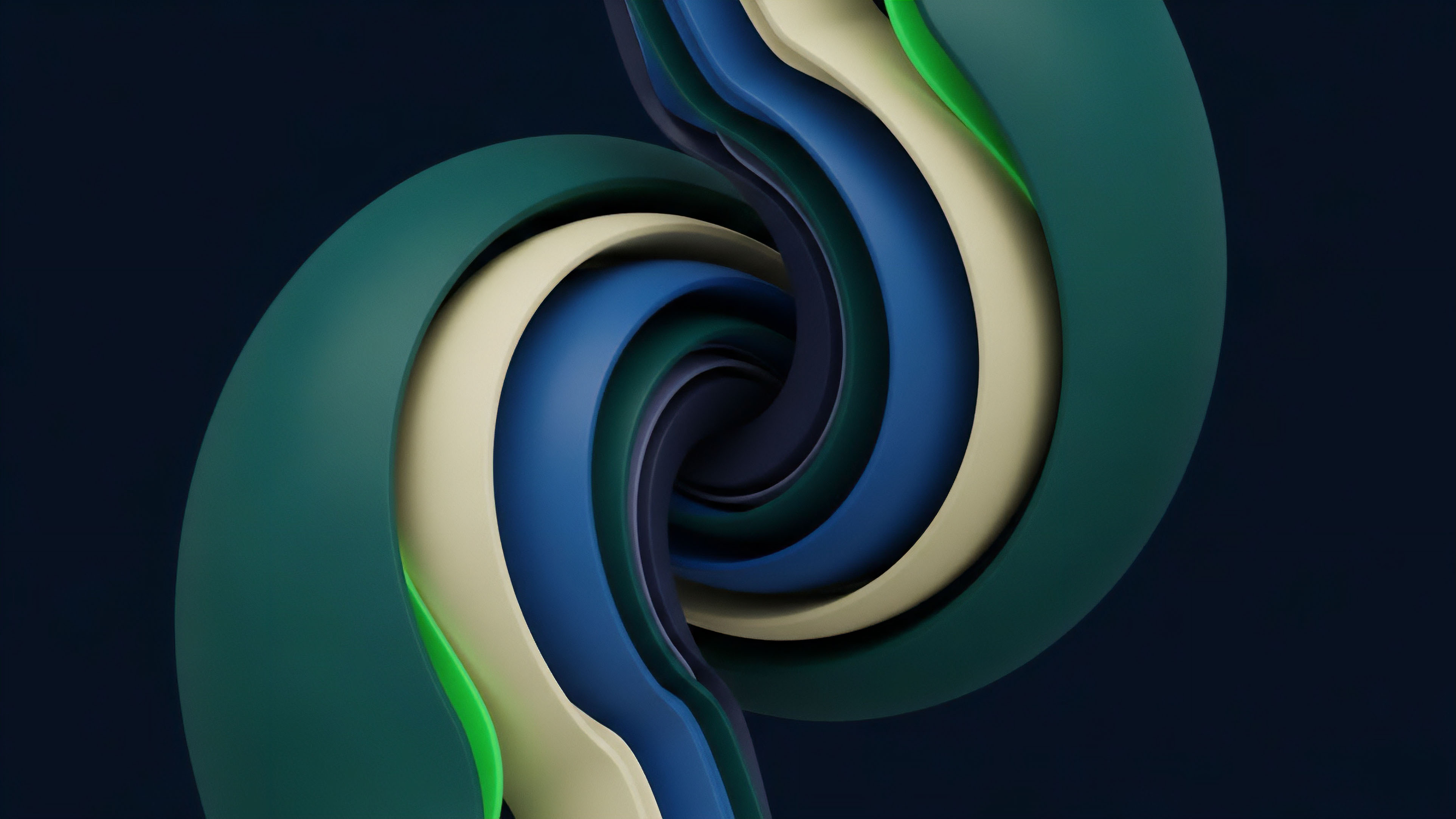 A high-resolution abstract render presents a complex, layered spiral structure. Fluid bands of deep green, royal blue, and cream converge toward a dark central vortex, creating a sense of continuous dynamic motion