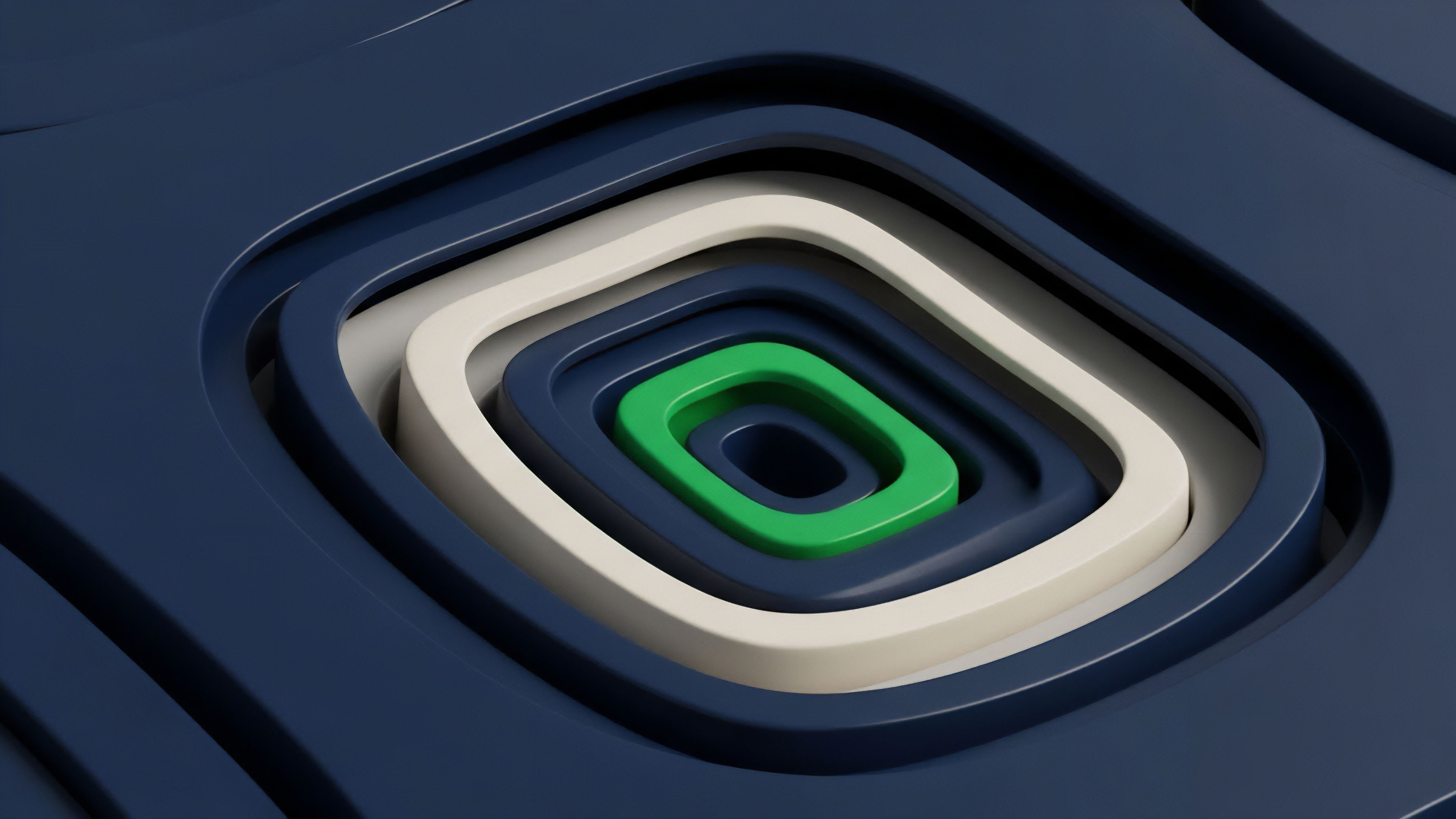 A series of concentric rounded squares recede into a dark blue surface, with a vibrant green shape nested at the center. The layers alternate in color, highlighting a light off-white layer before a dark blue layer encapsulates the green core