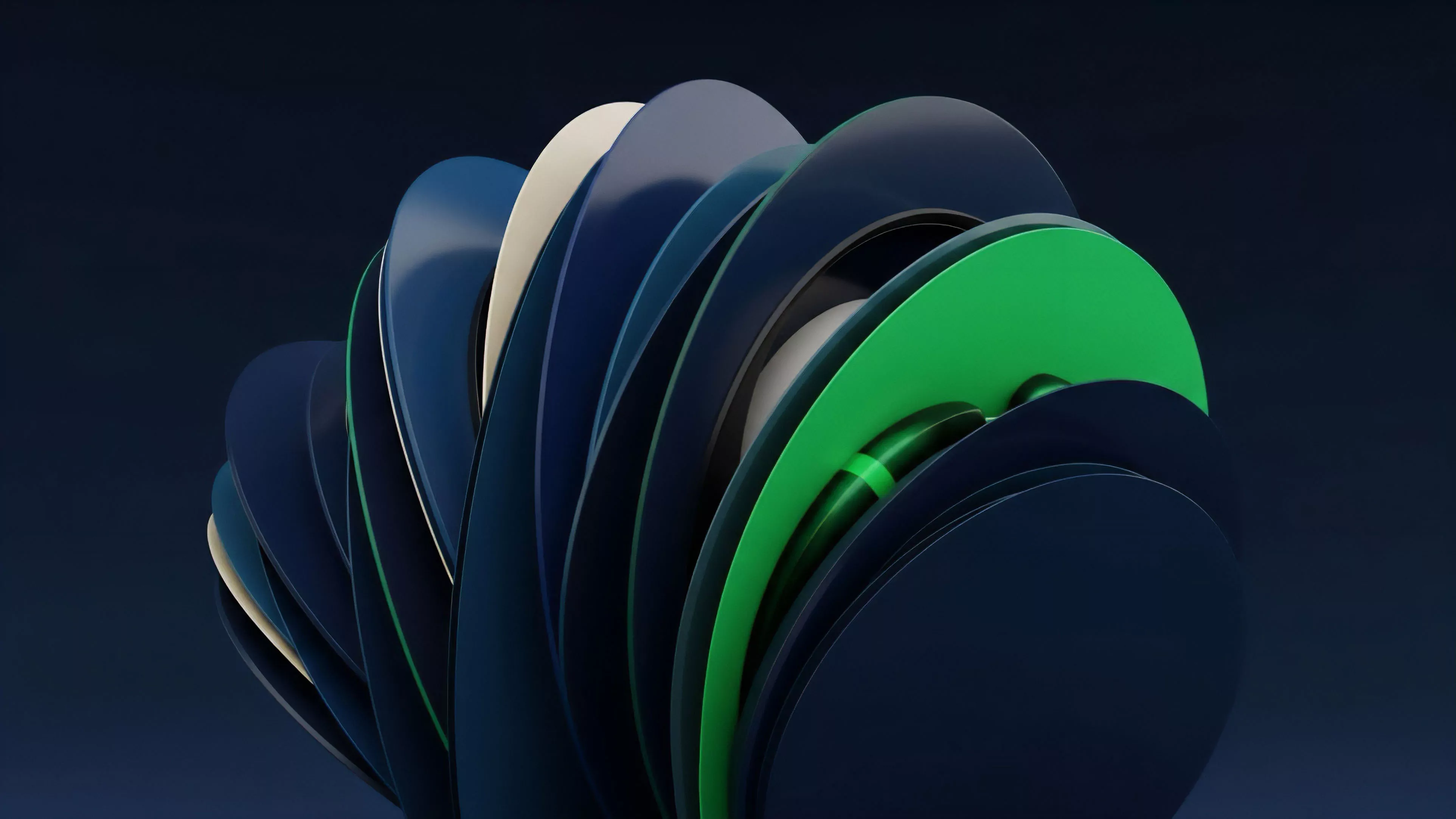 The image displays a visually complex abstract structure composed of numerous overlapping and layered shapes. The color palette primarily features deep blues, with a notable contrasting element in vibrant green, suggesting dynamic interaction and complexity