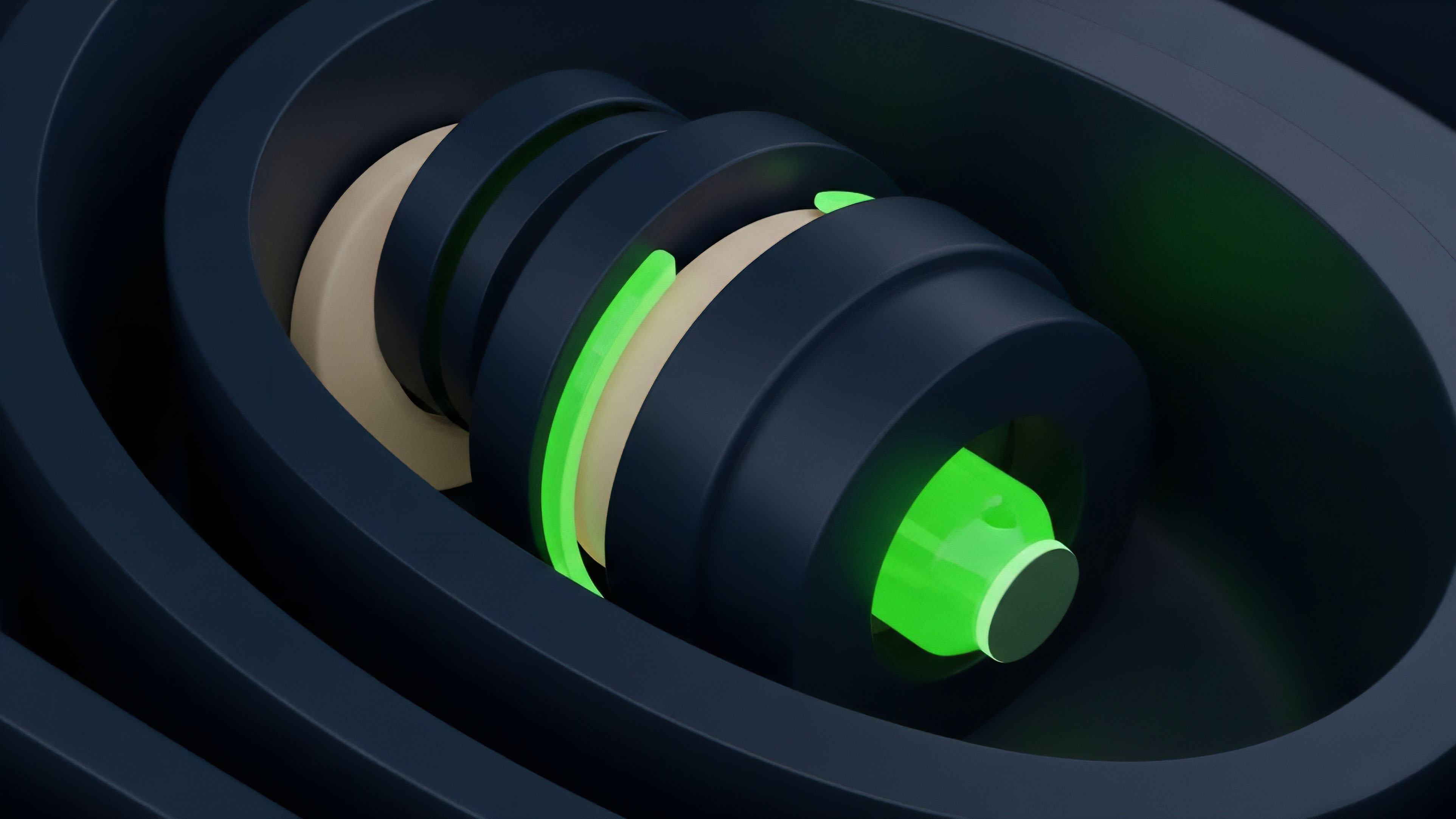 An intricate mechanical structure composed of dark concentric rings and light beige sections forms a layered, segmented core. A bright green glow emanates from internal components, highlighting the complex interlocking nature of the assembly