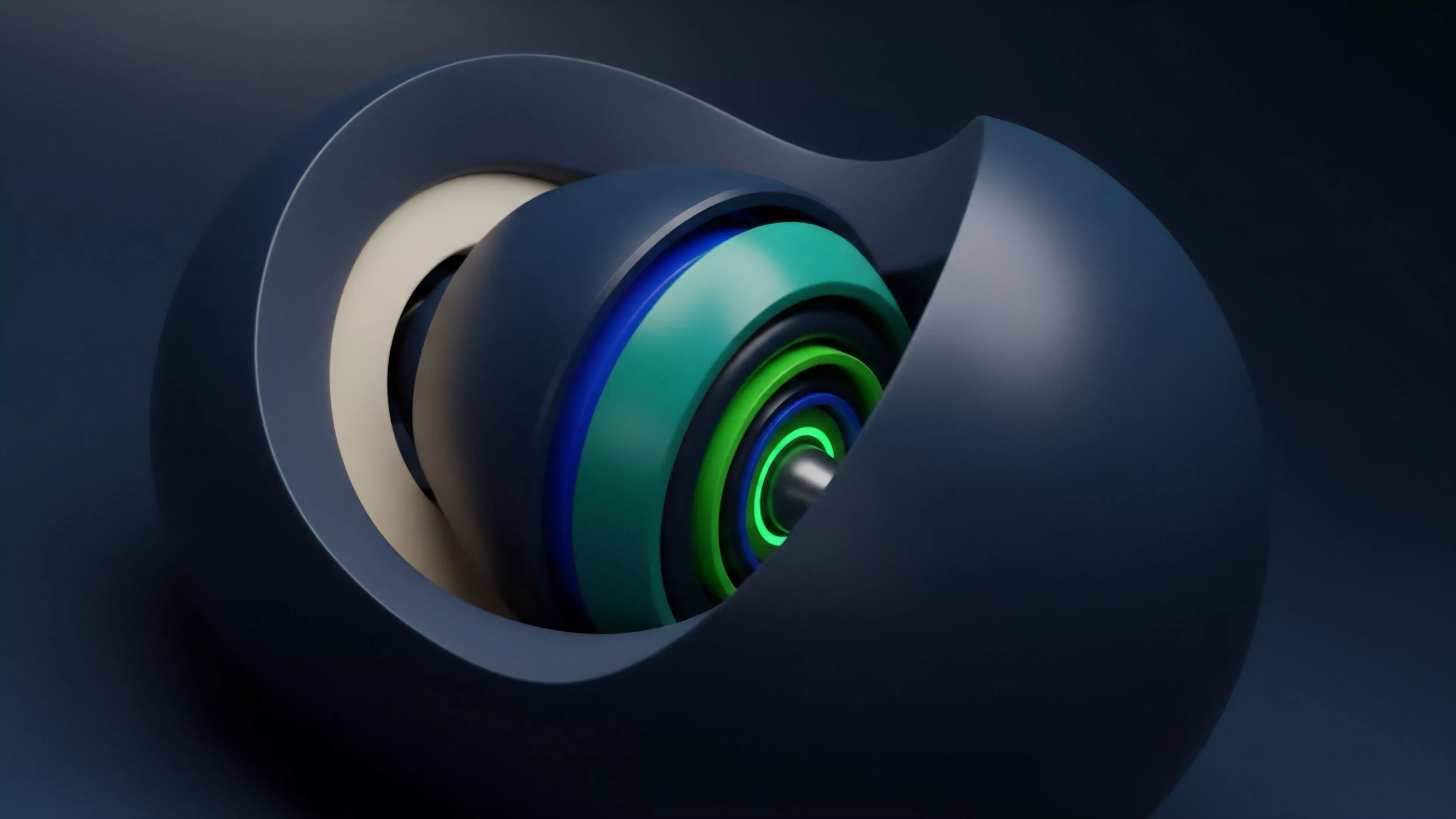 A sophisticated mechanical structure featuring concentric rings housed within a larger, dark-toned protective casing.