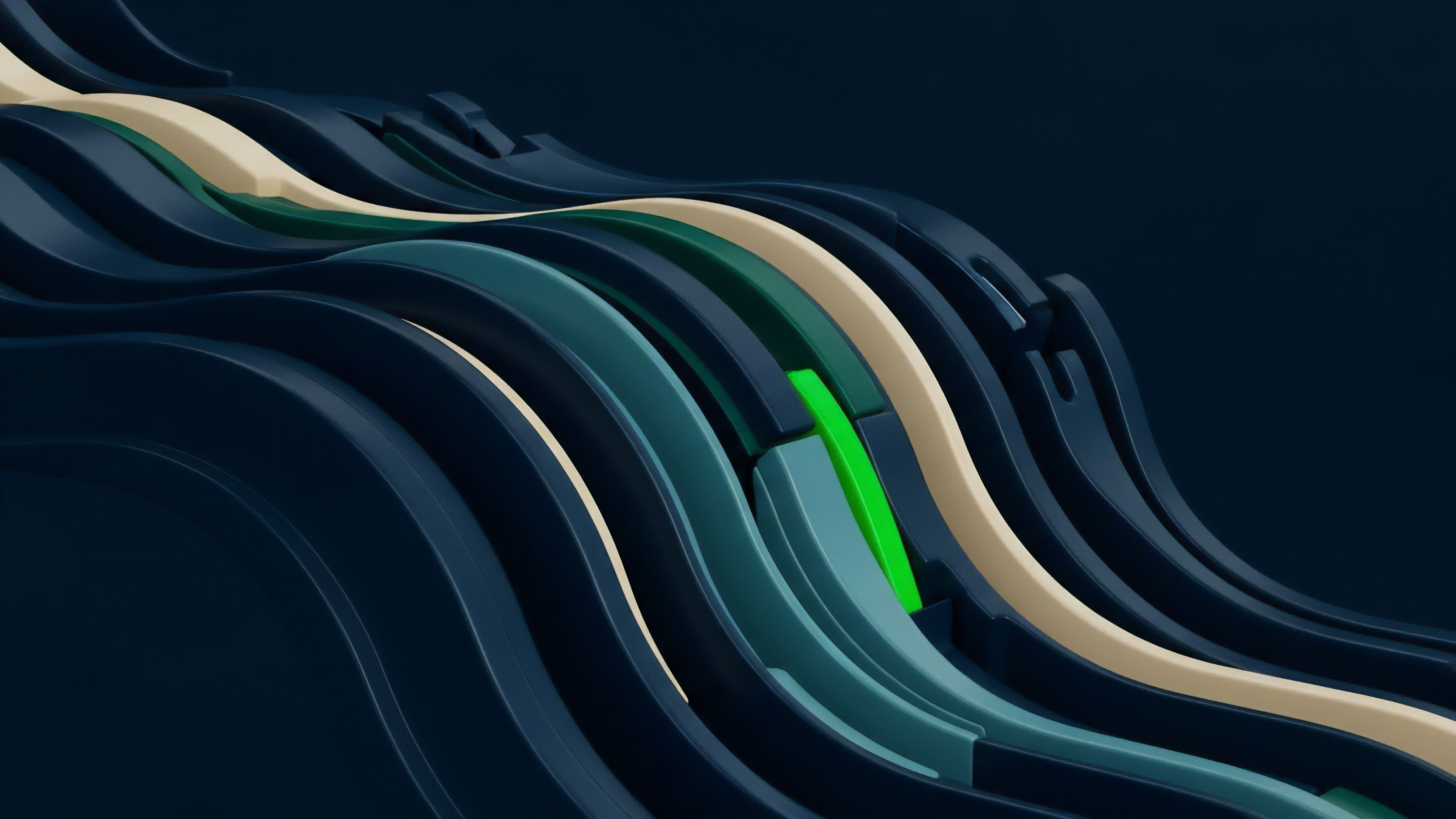 A multi-layer protocol architecture visualization representing the complex interdependencies within decentralized finance. The flowing bands illustrate diverse liquidity pools and collateralized debt positions interacting within an ecosystem. The intricate structure visualizes the underlying logic of automated market makers and structured financial products, highlighting how tokenomics govern asset flow and risk management strategies. The bright green segment signifies a significant arbitrage opportunity or high yield farming event, demonstrating dynamic price action or value creation within the layered framework.