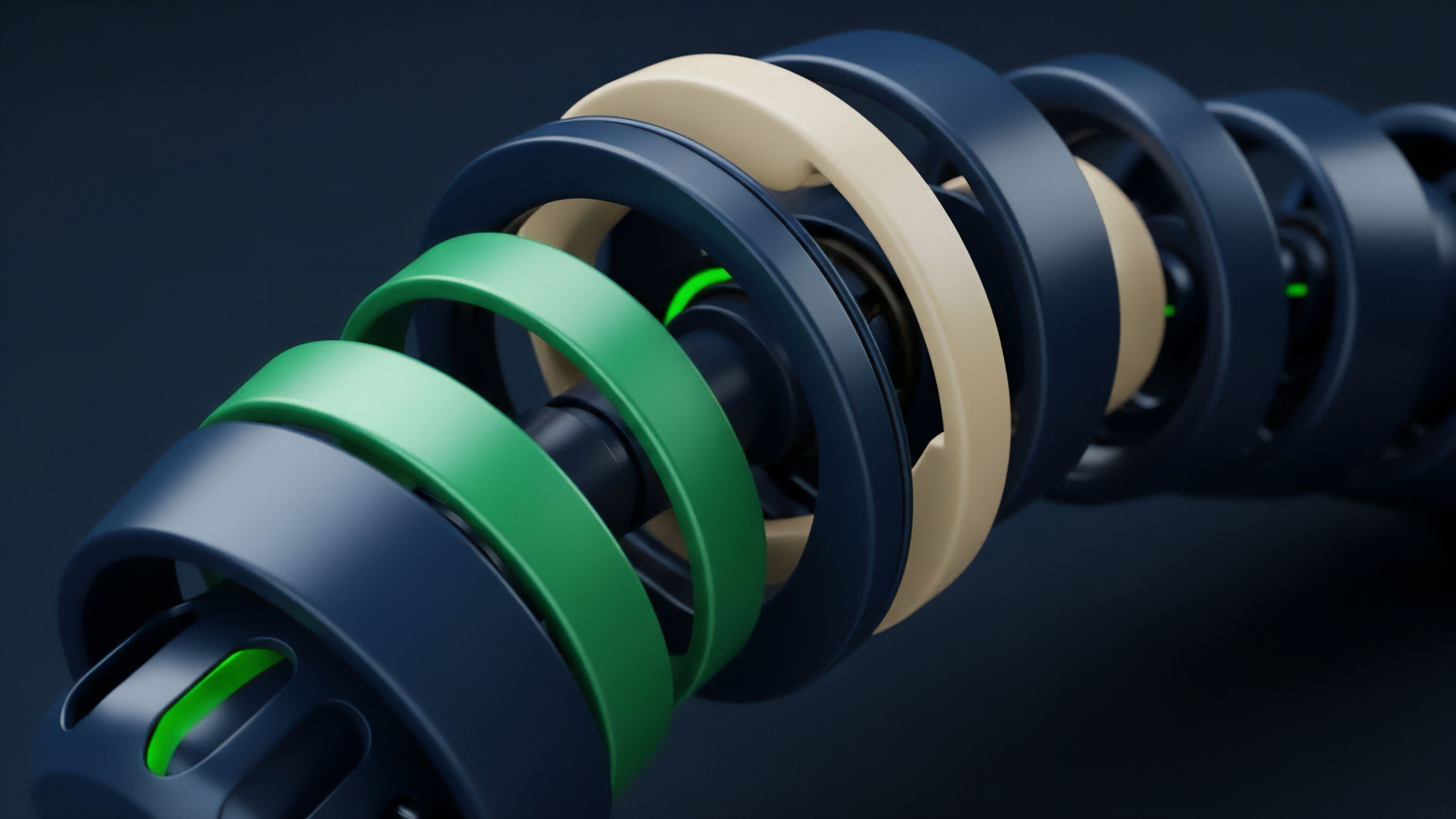 A close-up view of a high-tech segmented structure composed of dark blue, green, and beige rings. The interlocking segments suggest flexible movement and complex adaptability. The bright green elements represent active data flow and operational status within a composable framework. This visual metaphor illustrates the multi-chain architecture of a decentralized finance DeFi ecosystem, where smart contracts interoperate to facilitate dynamic liquidity bootstrapping. The flexible nature symbolizes adaptive risk management strategies essential for derivative contracts and decentralized oracle networks.