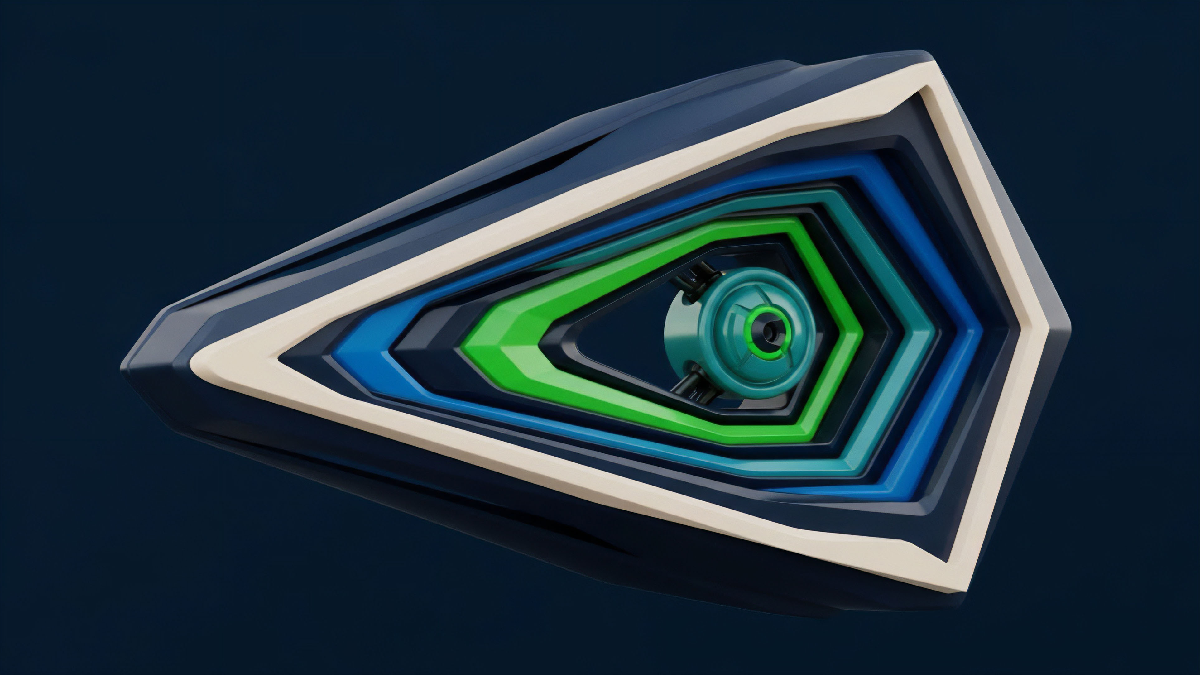A stylized, layered object featuring concentric sections of dark blue, cream, and vibrant green, culminating in a central, mechanical eye-like component. This structure visualizes a complex algorithmic trading strategy in a decentralized finance DeFi context. The central component represents a predictive analytics oracle providing high-frequency data for smart contract execution. The layered sections symbolize distinct risk tranches within a structured product or collateralized debt positions. This design illustrates a robust hedging strategy employed to mitigate systemic risk and impermanent loss in cryptocurrency derivatives.