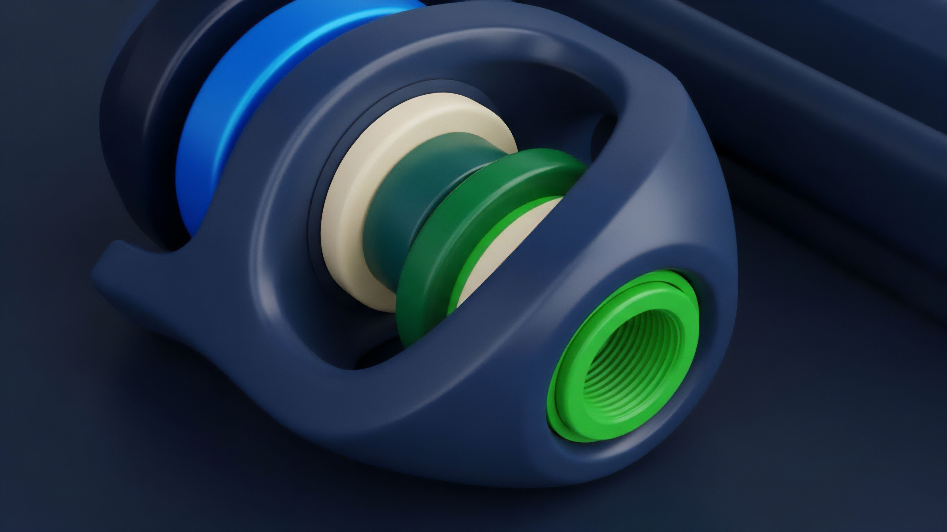 A high-resolution, abstract visual of a dark blue, curved mechanical housing containing nested cylindrical components. The components feature distinct layers in bright blue, cream, and multiple shades of green, with a bright green threaded component at the extremity