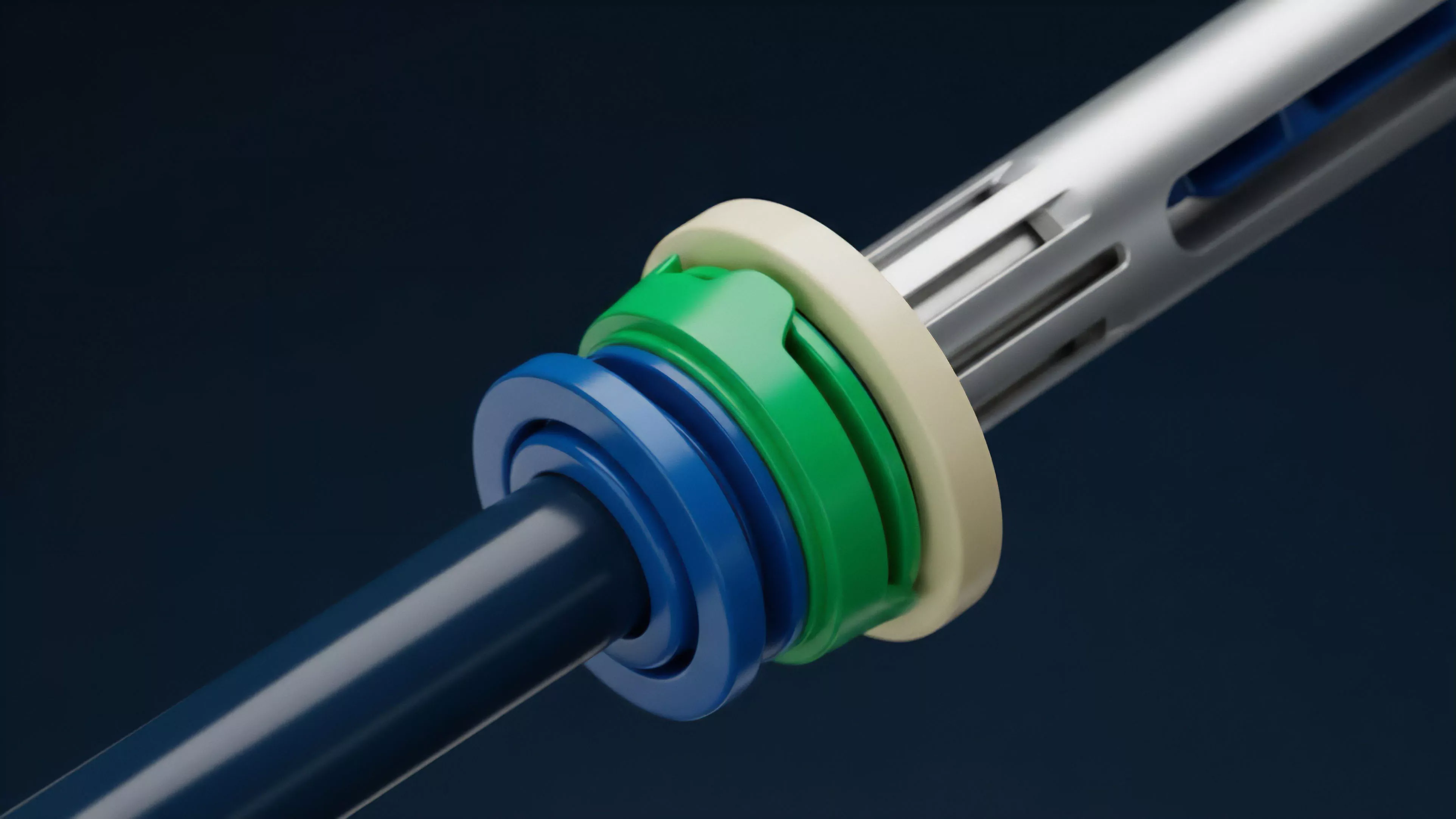 A detailed rendering illustrates a complex mechanical joint with a dark blue central shaft passing through a series of interlocking rings. This represents a complex DeFi protocol where smart contract logic green component governs the interaction between underlying assets tokenomics and external protocols. The structure symbolizes a collateralization mechanism within a liquidity pool, locking assets for yield farming. The intricate fit demonstrates the precision required for risk management in decentralized derivatives and synthetic assets, maintaining stability for perpetual futures contracts on a decentralized exchange DEX.