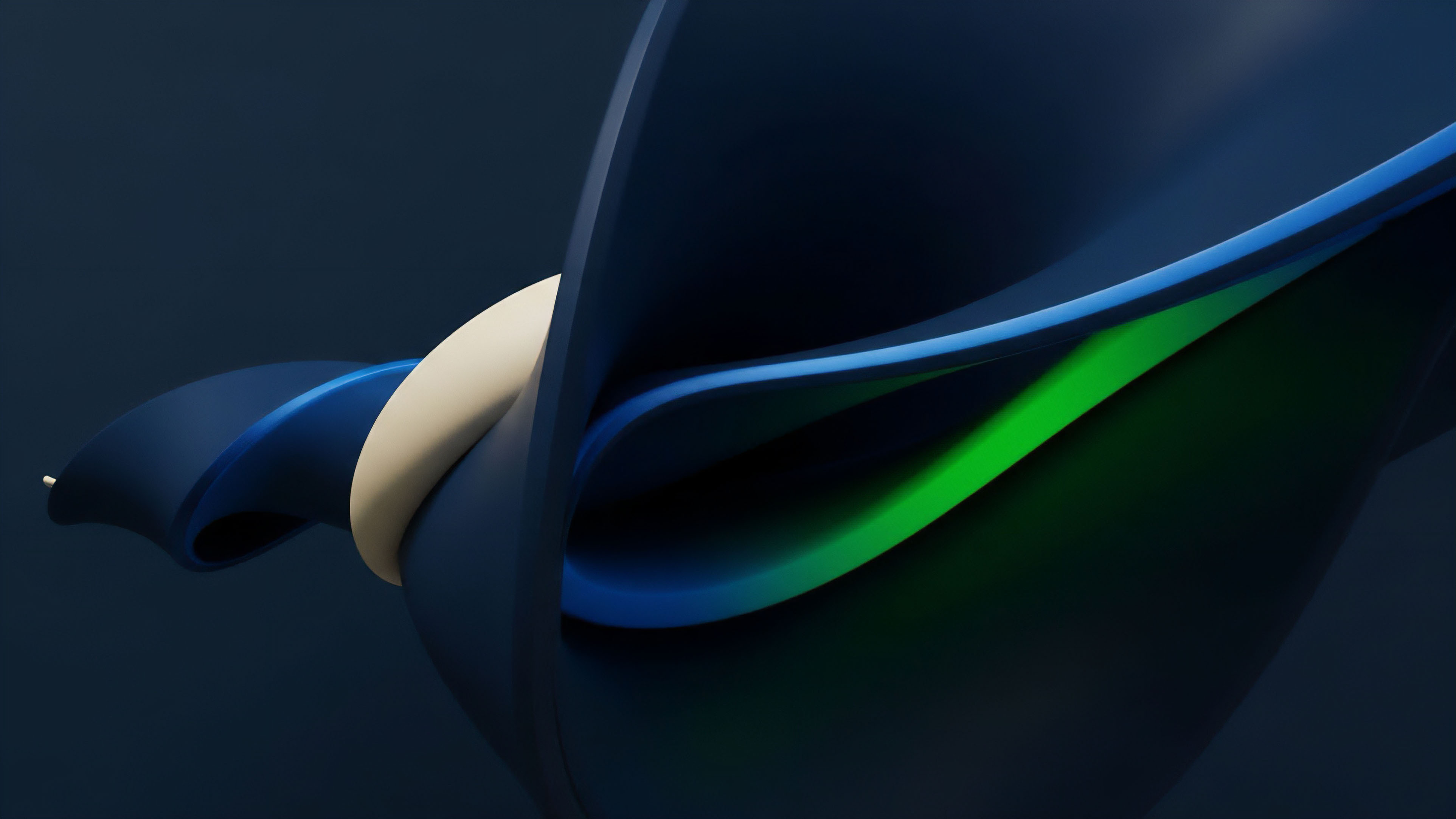An abstract digital artwork showcases a complex, flowing structure dominated by dark blue hues. A white element twists through the center, contrasting sharply with a vibrant green and blue gradient highlight on the inner surface of the folds