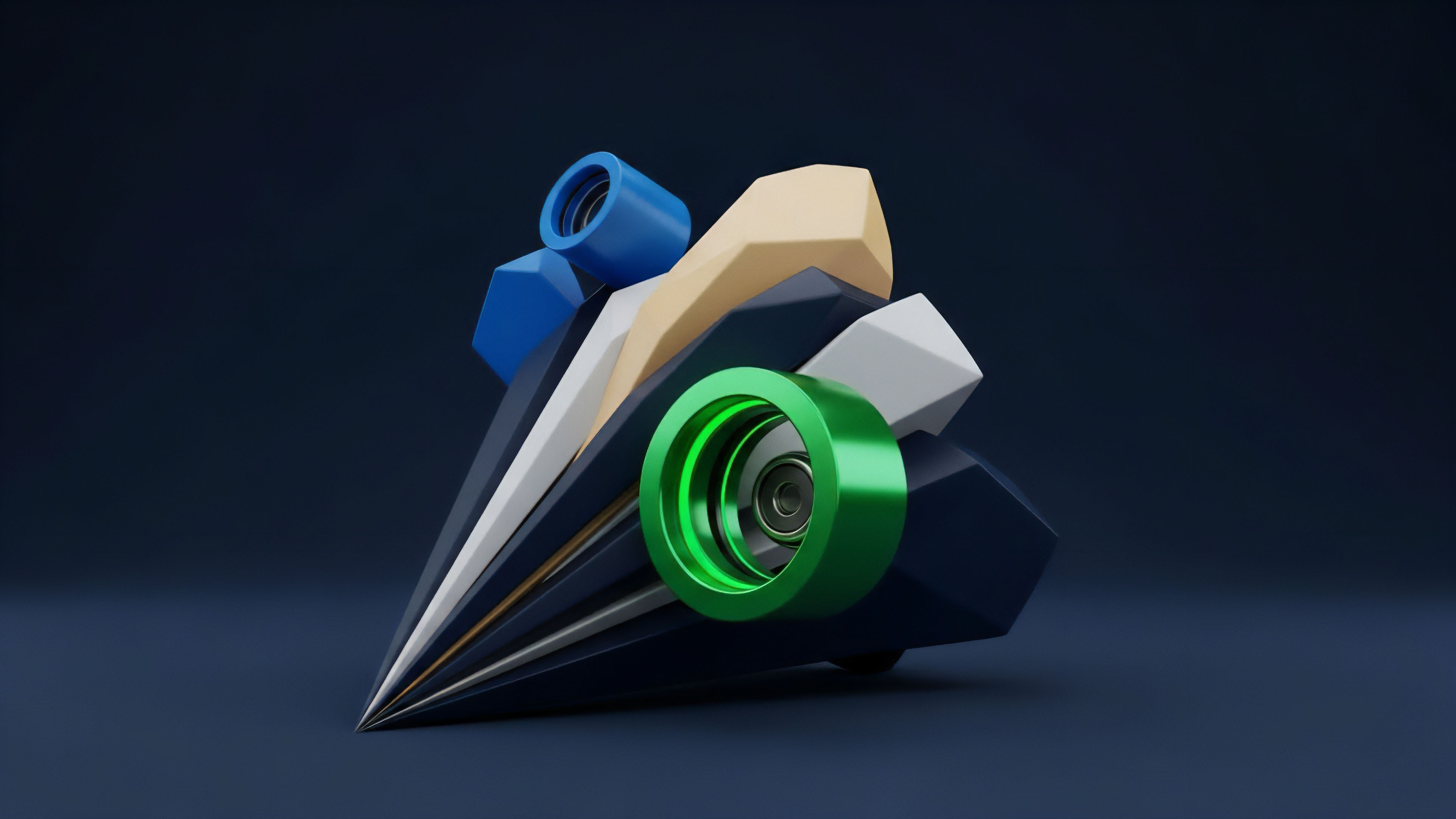 A detailed abstract 3D render displays a complex assembly of geometric shapes, primarily featuring a central green metallic ring and a pointed, layered front structure. This composition represents the architecture of a multi-asset derivative product within a Decentralized Finance DeFi protocol. The layered structure symbolizes different risk tranches and collateralization mechanisms used in a Collateralized Debt Position CDP. The central green ring signifies a liquidity pool, an Automated Market Maker AMM function, or a real-time oracle network providing data feed for yield generation and automated arbitrage opportunities across various synthetic assets.