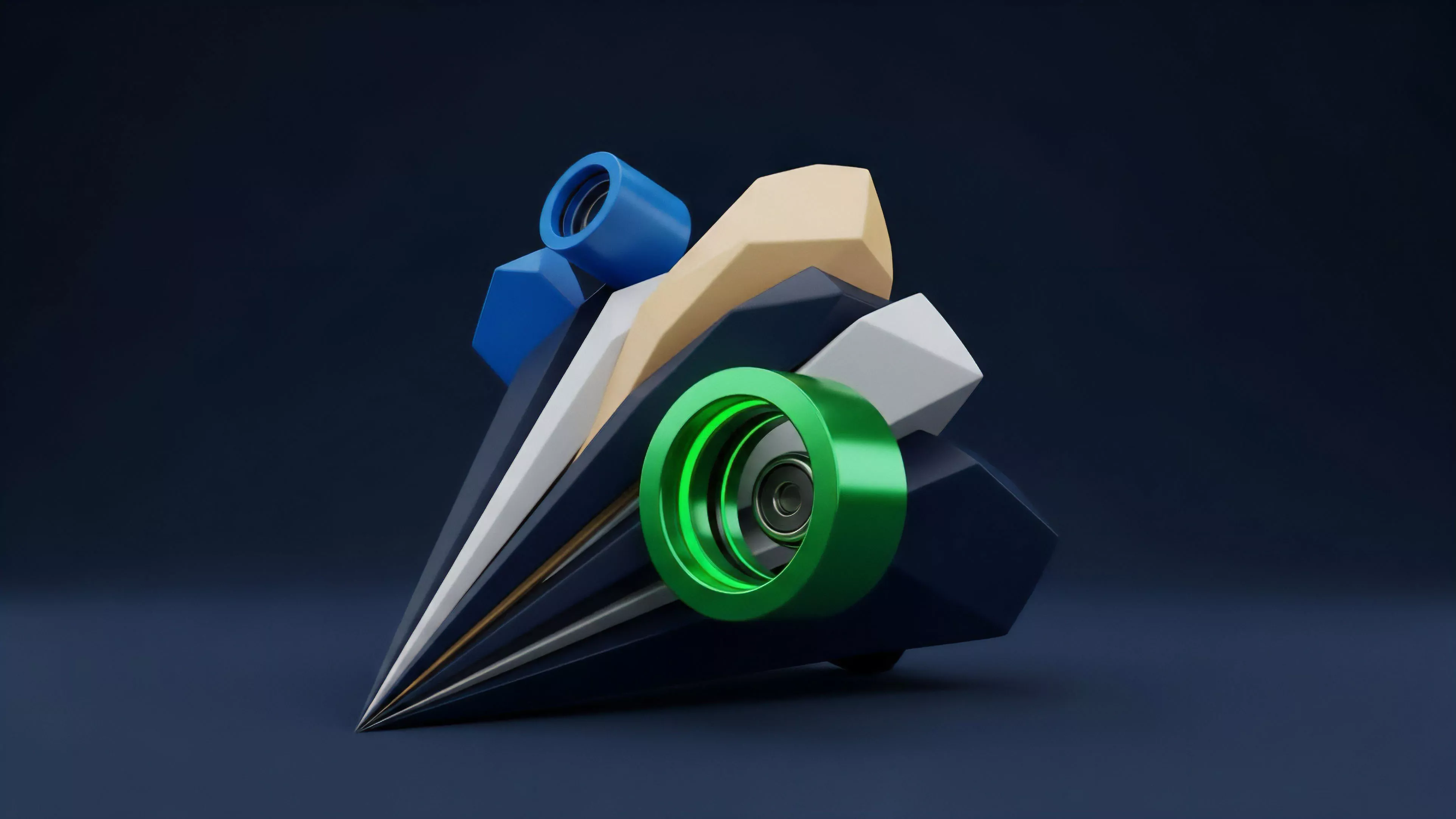 A detailed abstract 3D render displays a complex assembly of geometric shapes, primarily featuring a central green metallic ring and a pointed, layered front structure. The arrangement incorporates angular facets in shades of white, beige, and blue, set against a dark background, creating a sense of dynamic, forward motion