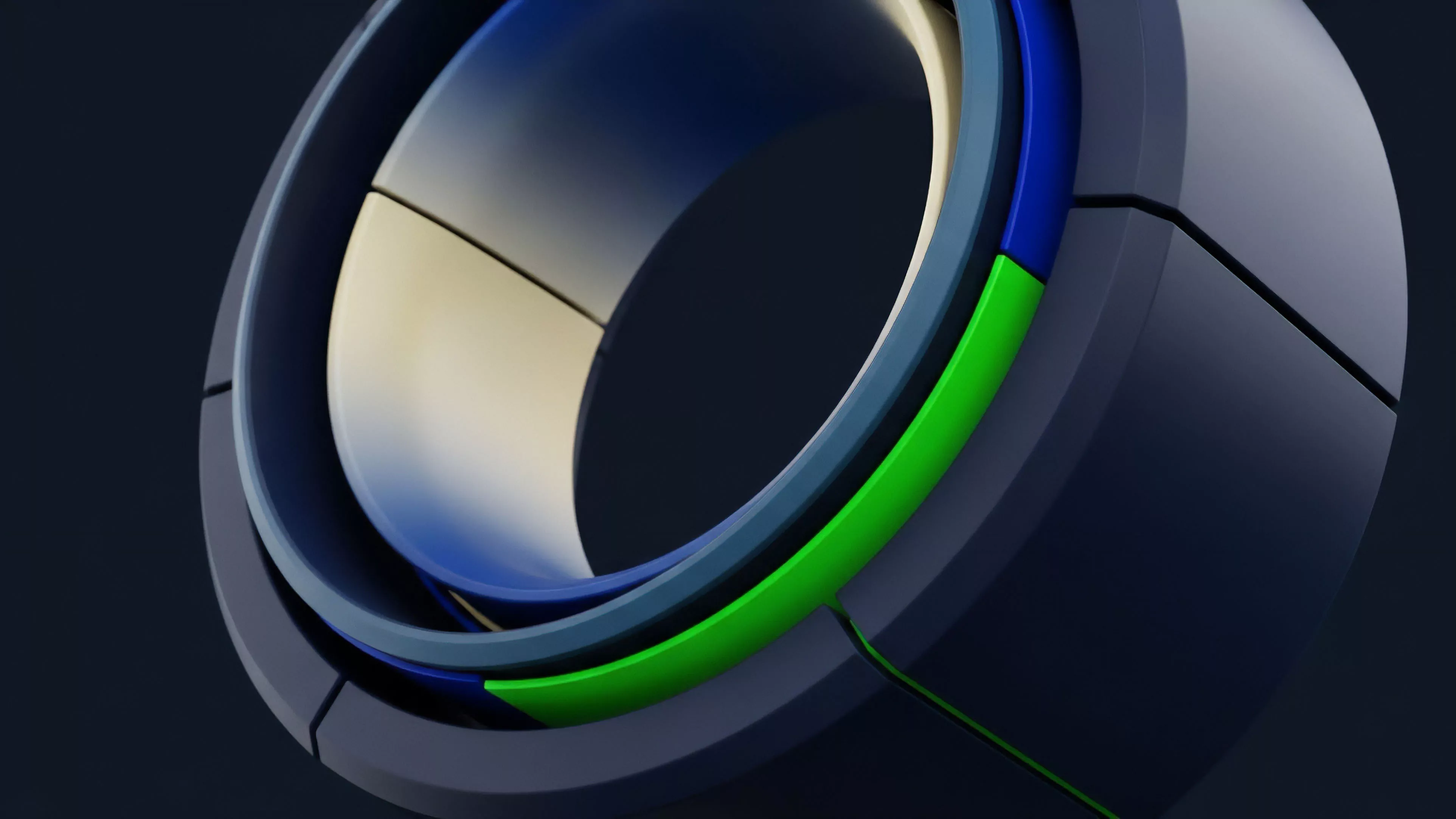 A detailed close-up shows a complex circular structure with multiple concentric layers and interlocking segments.