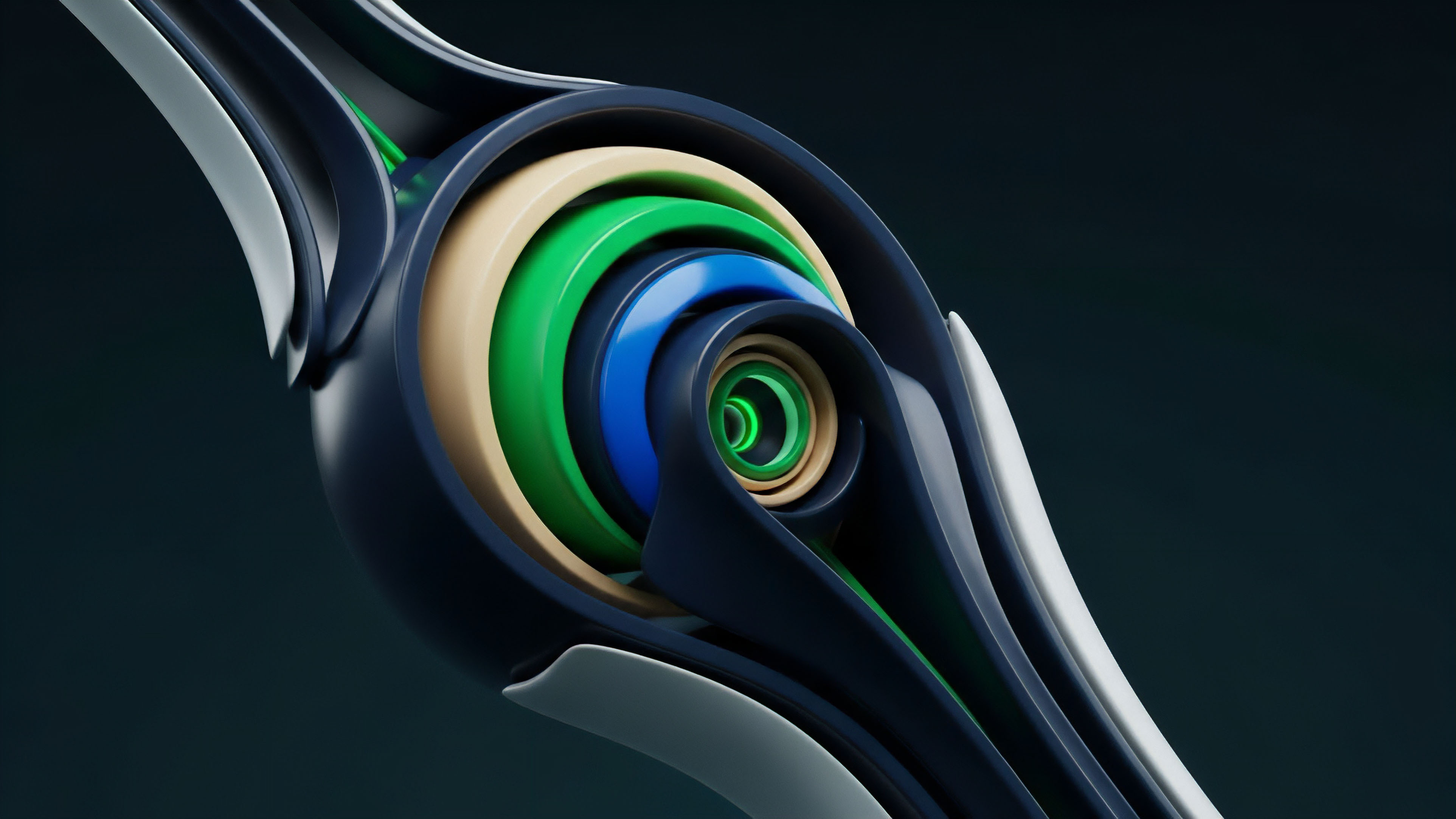 The abstract digital rendering features concentric, multi-colored layers spiraling inwards, creating a sense of dynamic depth and complexity. The structure consists of smooth, flowing surfaces in dark blue, light beige, vibrant green, and bright blue, highlighting a centralized vortex-like core that glows with a bright green light