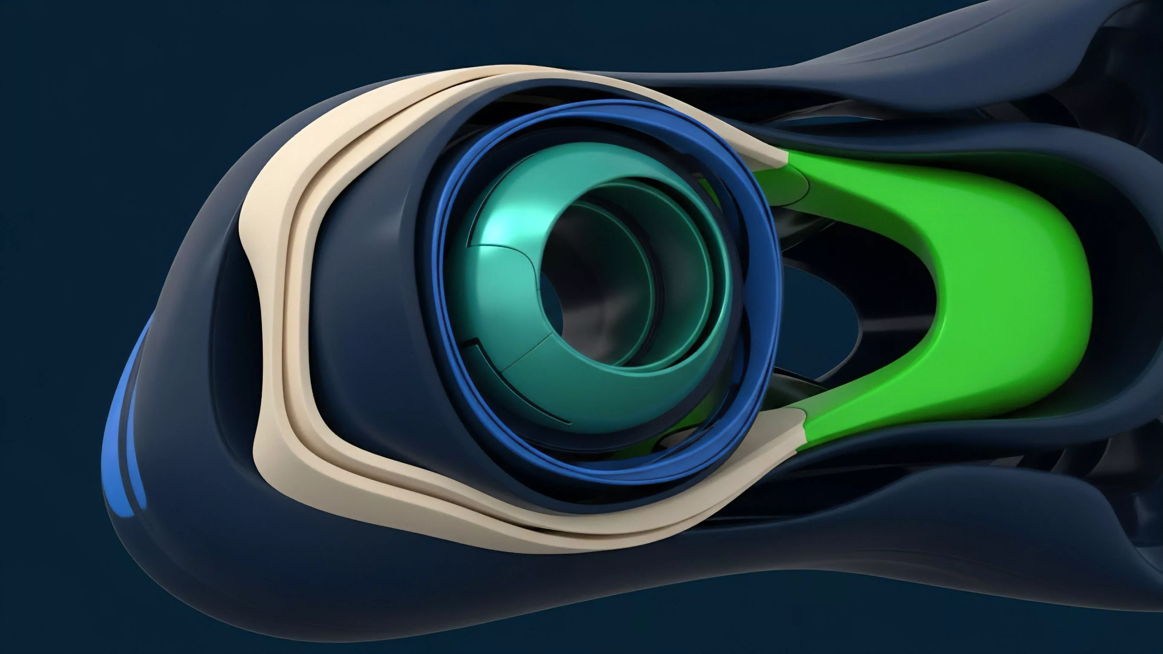 The image features a stylized, futuristic structure composed of concentric, flowing layers. The components transition from a dark blue outer shell to an inner beige layer, then a royal blue ring, culminating in a central, metallic teal component and backed by a bright fluorescent green shape