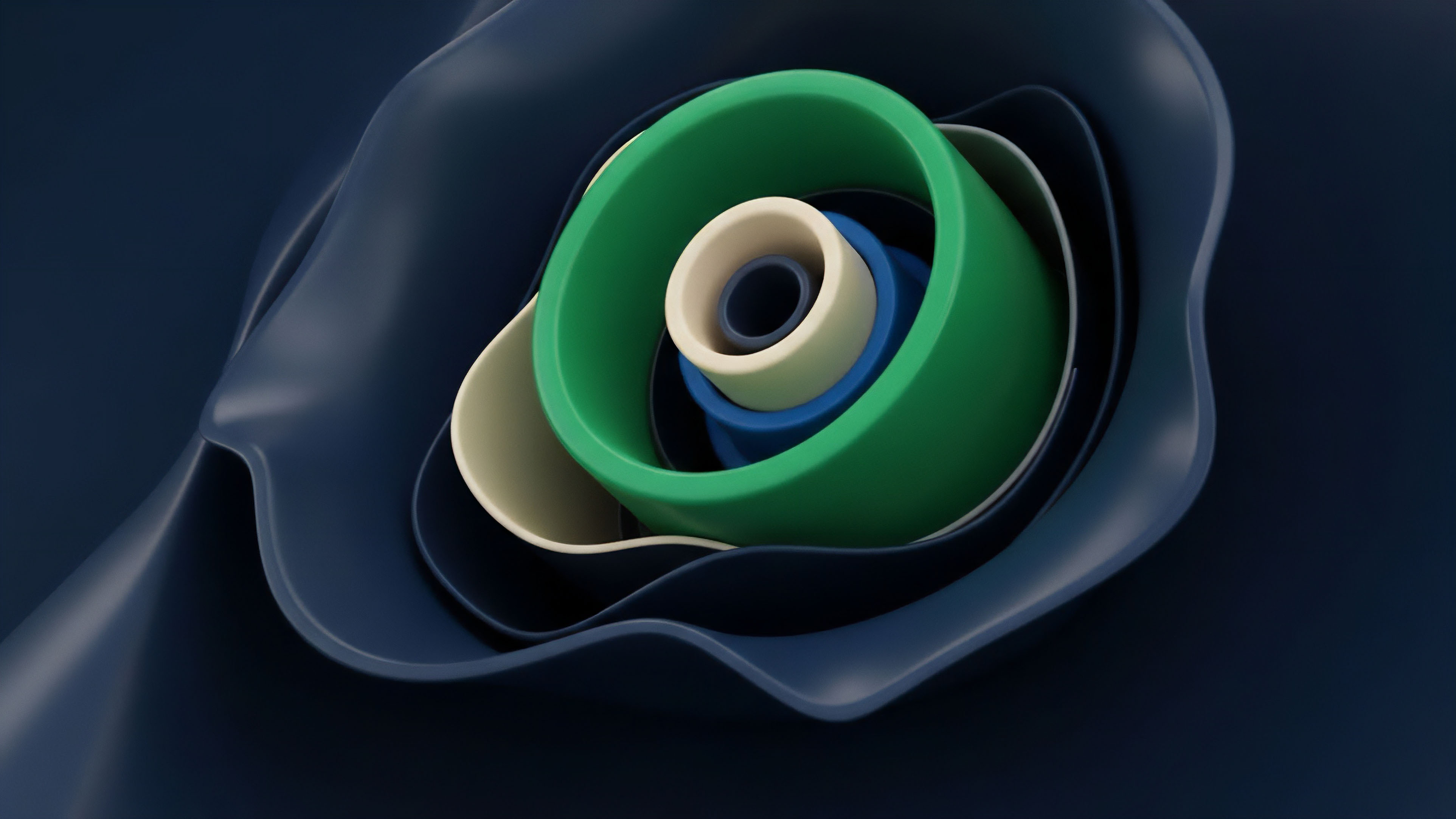 The visual features a nested arrangement of concentric rings in vibrant green, light blue, and beige, cradled within dark blue, undulating layers. The composition creates a sense of depth and structured complexity, with rigid inner forms contrasting against the soft, fluid outer elements