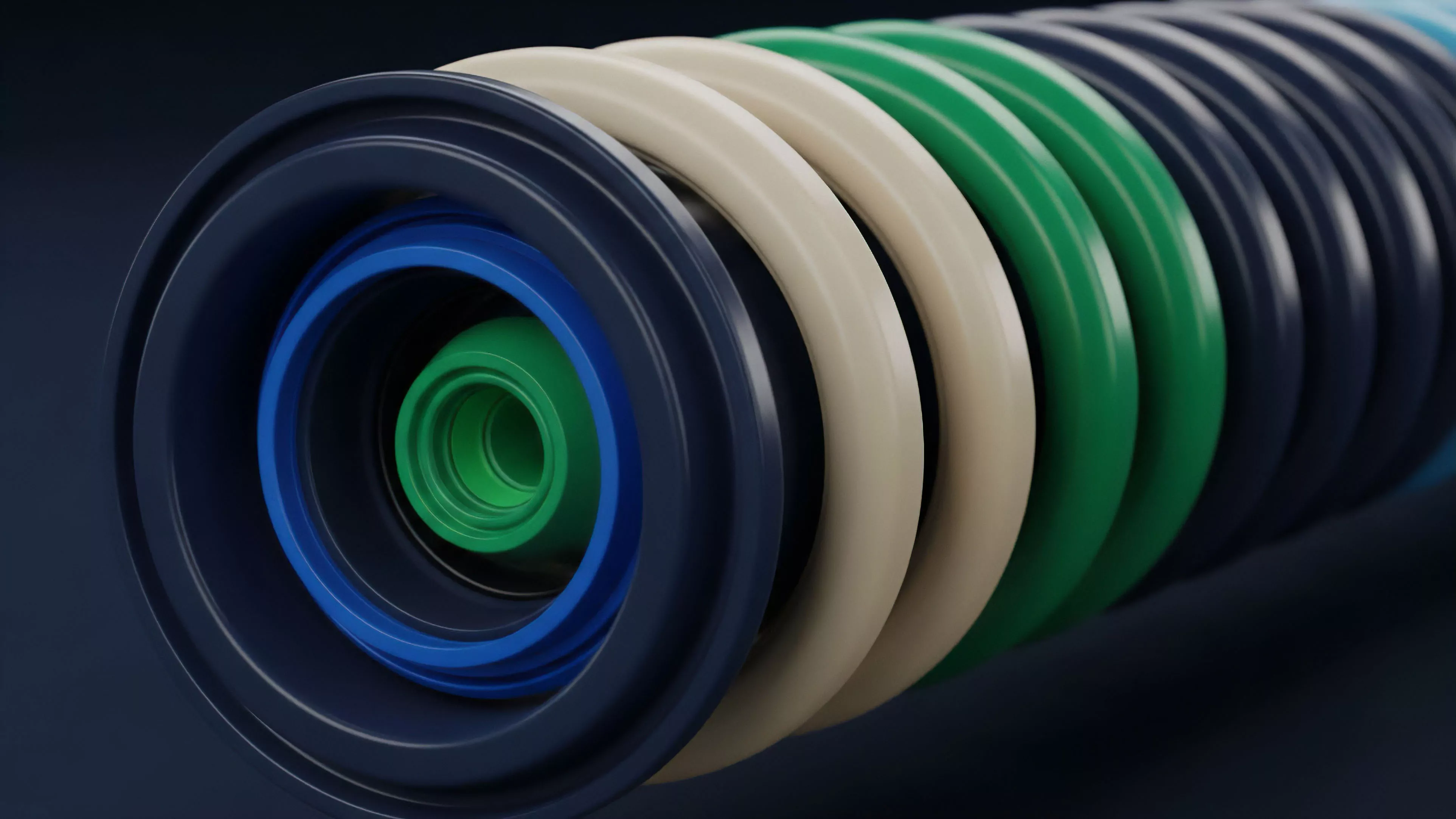 A series of concentric rings in a cross-section view, with colors transitioning from green at the core to dark blue and beige on the periphery. This structure represents a modular DeFi stack, where the core green layer signifies the foundational Layer 1 protocol. The surrounding layers symbolize Layer 2 scaling solutions and other protocols built on top, demonstrating interoperability and composability. The different layers can also be conceptualized as distinct risk tranches within a structured derivative product, where varying levels of exposure are nested within a single financial instrument.