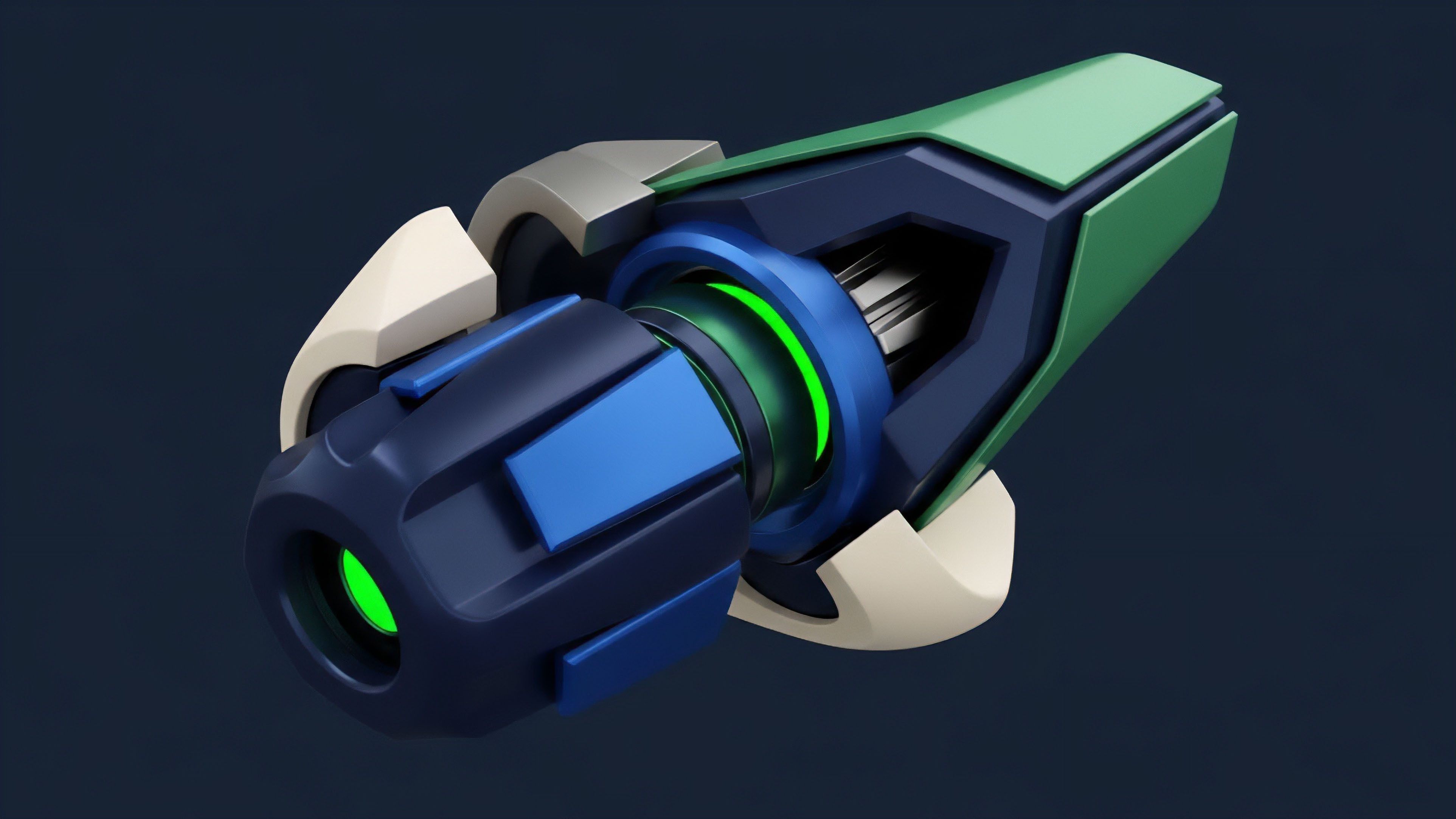 The image displays a detailed view of a futuristic, high-tech object with dark blue, light green, and glowing green elements. The intricate design suggests a mechanical component with a central energy core