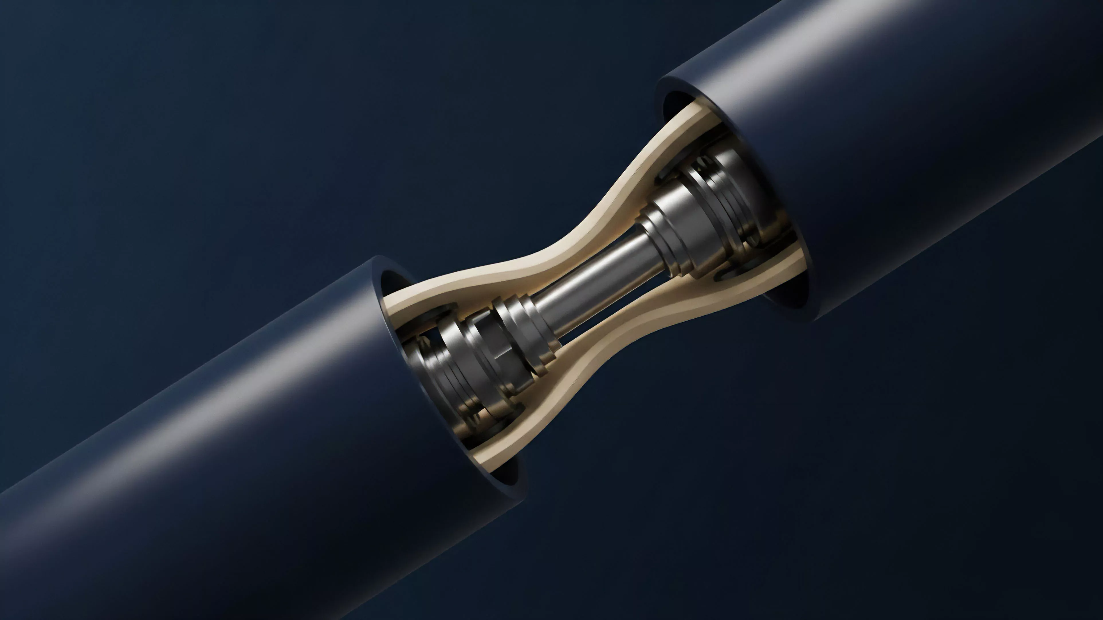 A detailed technical render illustrates a sophisticated mechanical linkage, where two rigid cylindrical components are connected by a flexible, hourglass-shaped segment encasing an articulated metal joint. This configuration symbolizes the intricate structure of derivative contracts and their non-linear payoff function. The central mechanism represents a risk mitigation instrument, linking underlying assets or market segments while allowing for adaptive responses to volatility. The joint's complexity reflects sophisticated financial engineering models, such as stochastic processes or volatility surfaces, essential for pricing and managing complex financial products in dynamic market conditions.