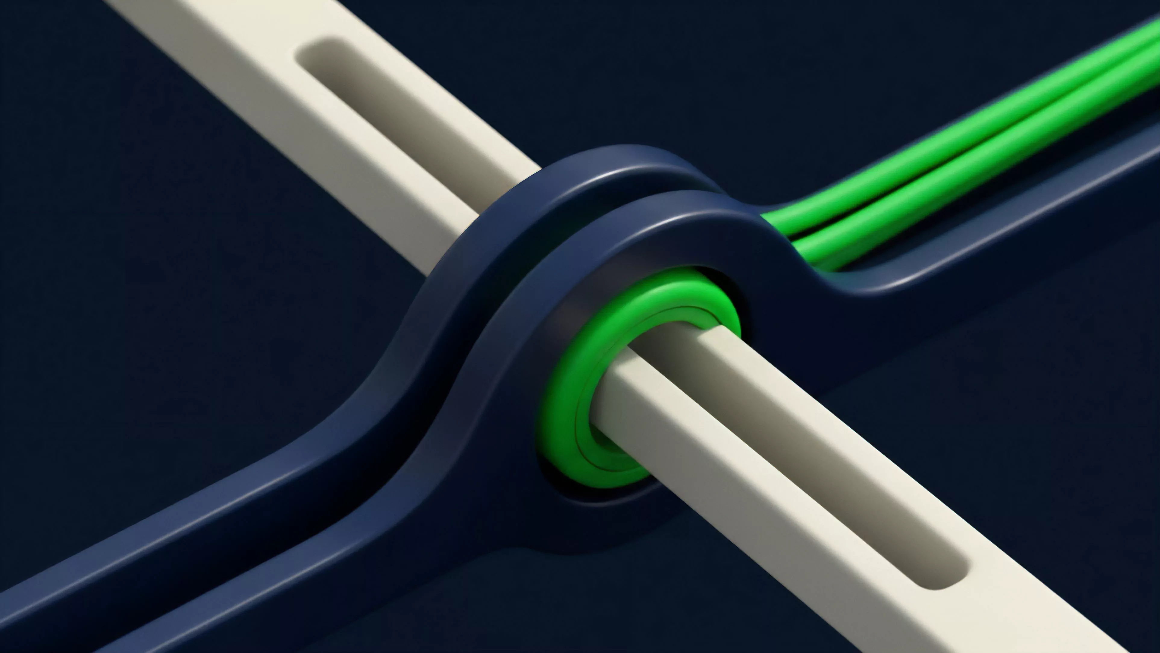 A detailed render depicts a dynamic junction where a dark blue structure interfaces with a white core component. A bright green ring acts as a precision bearing, facilitating movement between the components. The structure illustrates a specific on-chain mechanism for derivative financial product execution. It symbolizes the continuous flow of information, such as oracle feeds and liquidity streams, through a collateralization protocol, highlighting the interoperability and precise data validation required for decentralized finance DeFi operations and automated risk management systems.