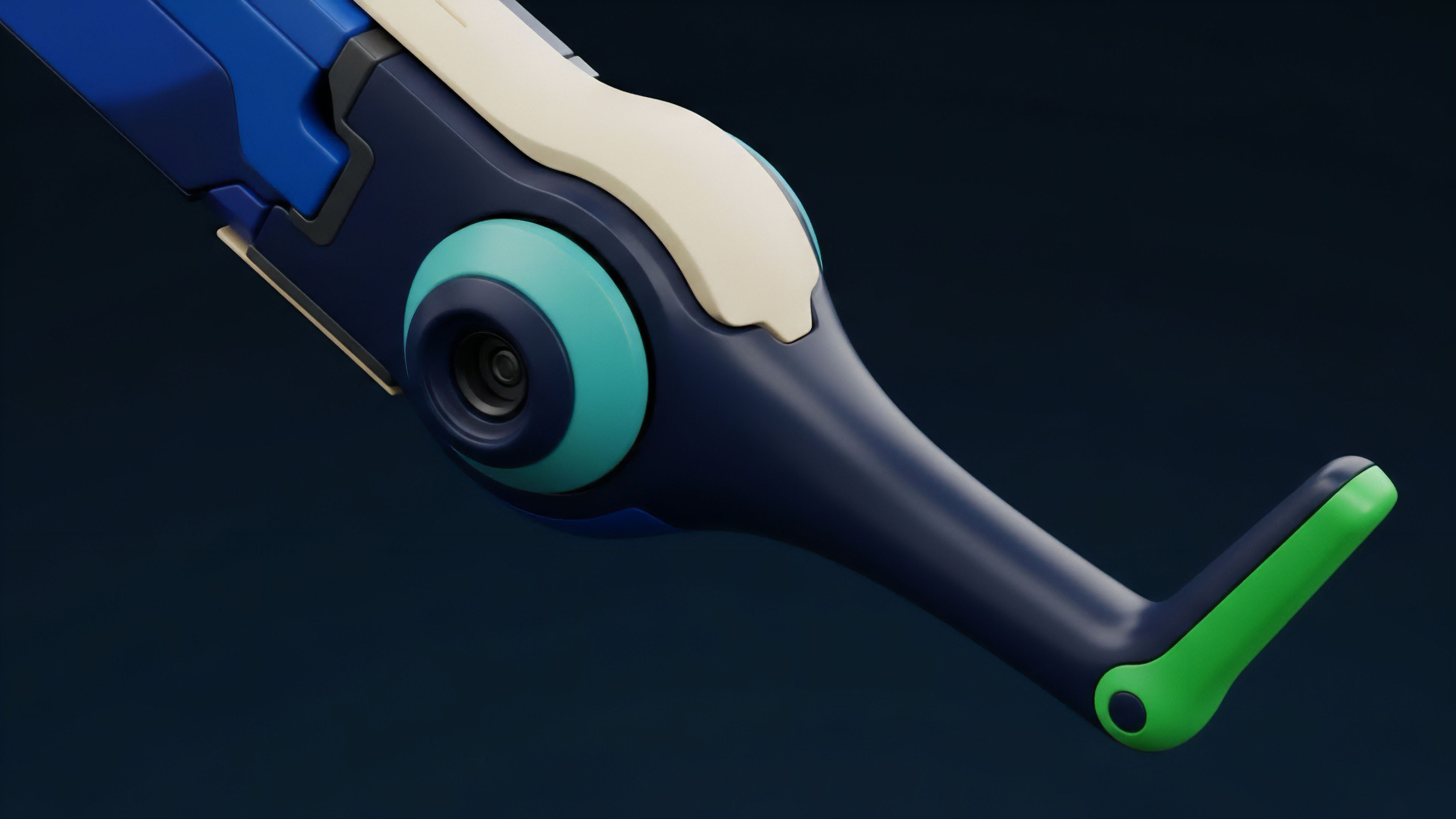 A detailed close-up of a sleek, futuristic component, symbolizing an algorithmic trading bot's core mechanism in decentralized finance DeFi. The dark body and teal sensor represent the execution mechanism's core logic and on-chain data analysis. The green V-shaped terminal piece metaphorically functions as the point of trade execution, where automated market making AMM strategies adjust based on volatility skew and precise risk parameters. This visualizes the complexity of high-frequency trading HFT applied to options derivatives, integrating smart contract functionality with quantitative finance models.