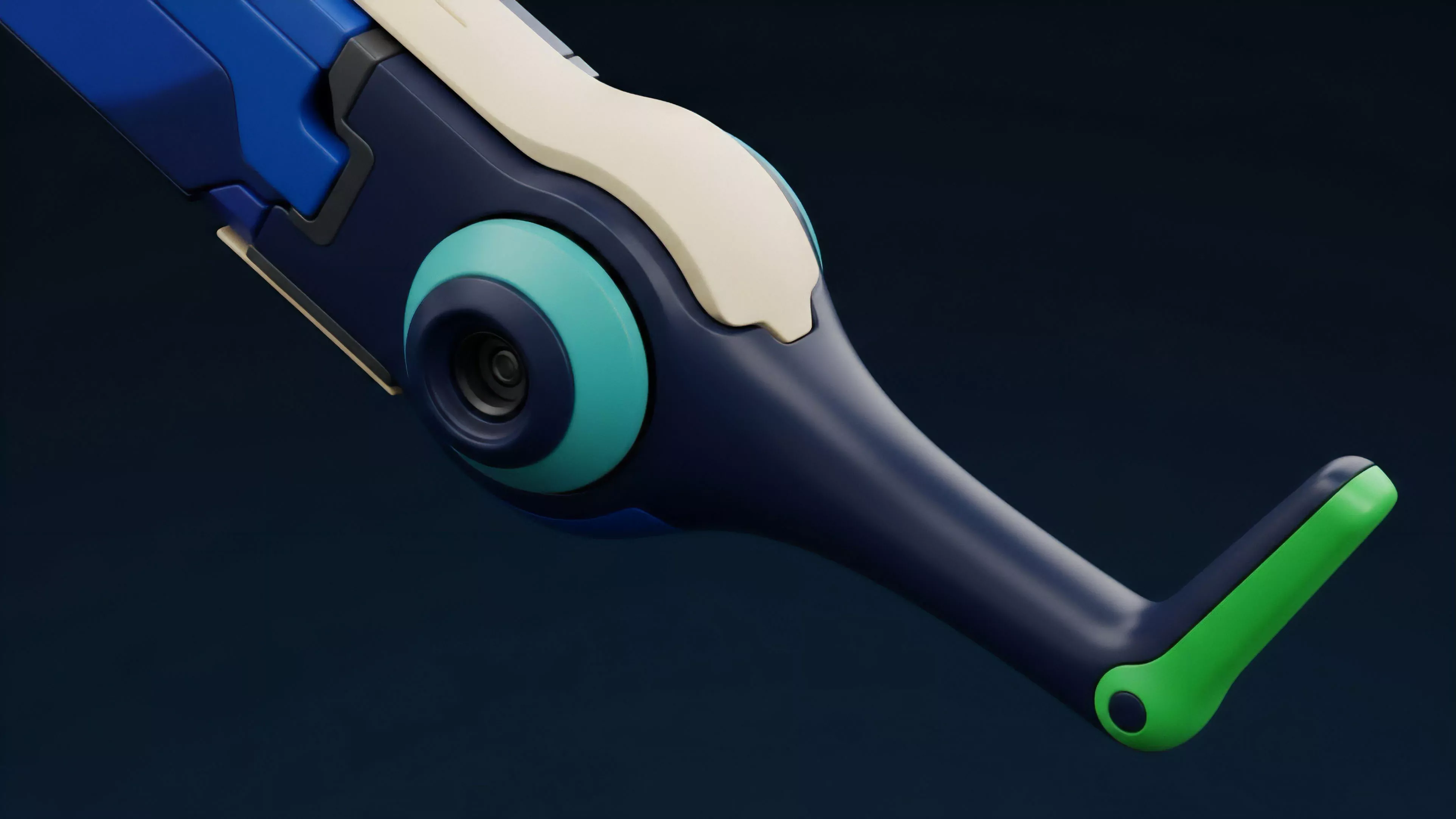 A detailed close-up of a sleek, futuristic component, symbolizing an algorithmic trading bot's core mechanism in decentralized finance DeFi. The dark body and teal sensor represent the execution mechanism's core logic and on-chain data analysis. The green V-shaped terminal piece metaphorically functions as the point of trade execution, where automated market making AMM strategies adjust based on volatility skew and precise risk parameters. This visualizes the complexity of high-frequency trading HFT applied to options derivatives, integrating smart contract functionality with quantitative finance models.