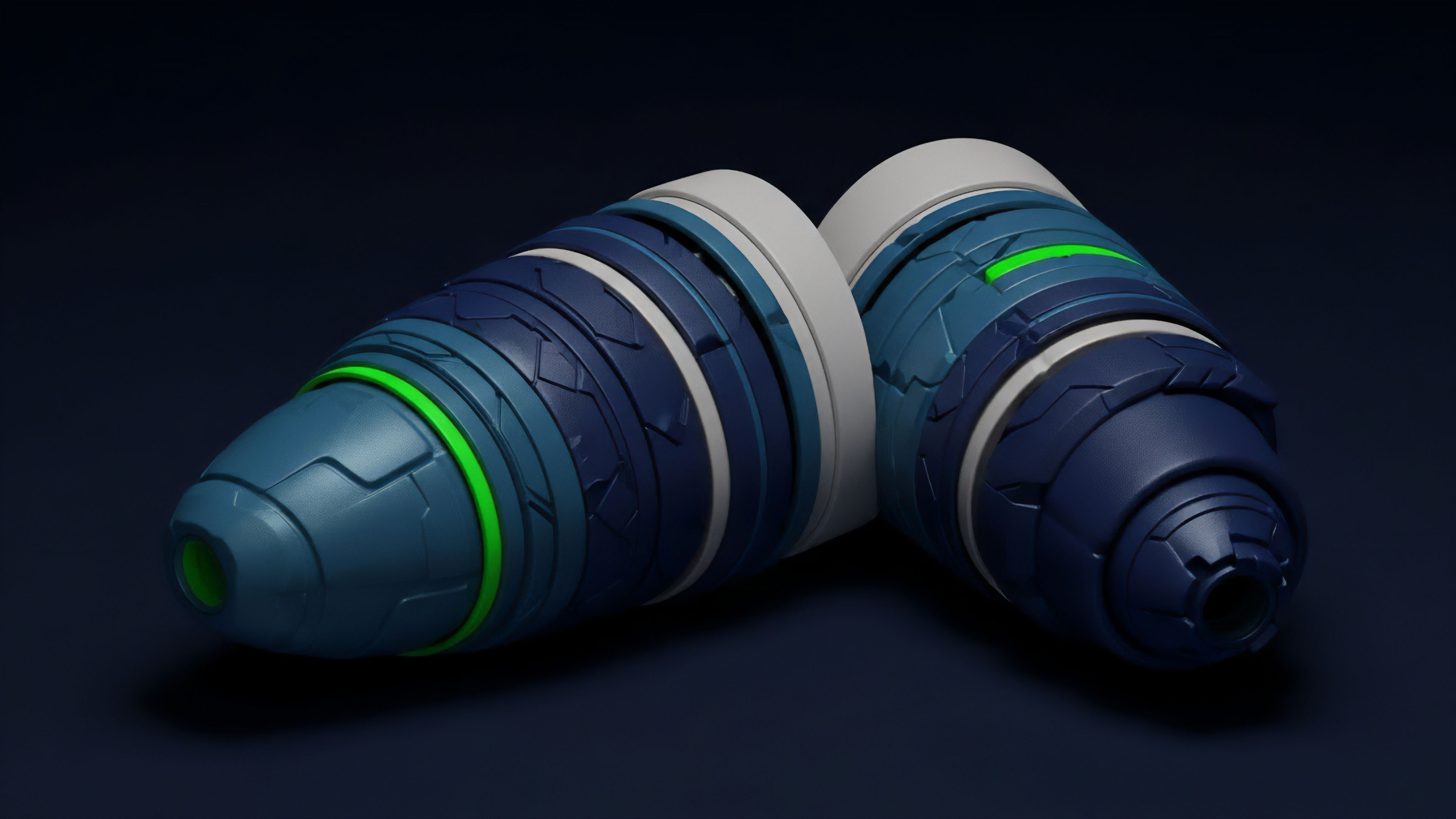 Two high-tech cylindrical components, one in light teal and the other in dark blue, showcase intricate mechanical textures with glowing green accents. The objects' structure represents the complex architecture of a decentralized finance DeFi derivative product. The pairing symbolizes a synthetic asset or a specific options contract, where the green lights represent the premium paid or the automated settlement process of a smart contract upon reaching a specific strike price. The precision engineering reflects the underlying logic and risk management strategies required to hedge against market volatility in the digital asset ecosystem.
