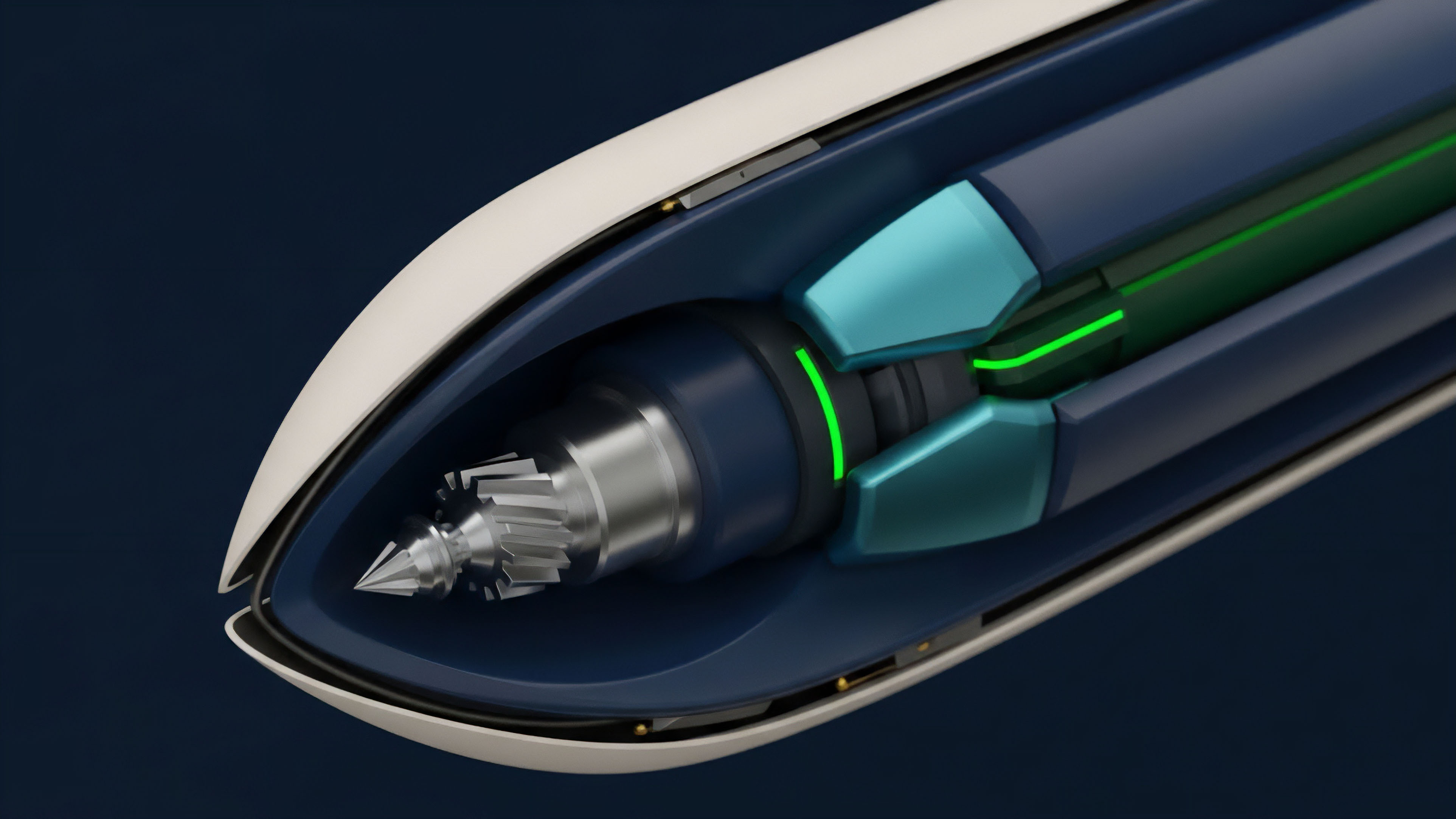A detailed cross-section reveals a high-tech mechanism with a prominent sharp-edged metallic tip. The internal components, illuminated by glowing green lines, represent the core functionality of advanced algorithmic trading strategies. This visualization illustrates the precision required for high-frequency execution in cryptocurrency derivatives. The metallic point symbolizes market microstructure penetration and precise strike price management. The internal structure signifies complex smart contract architecture and automated market making protocols, which manage liquidity provision and risk stratification in real-time. The green glow indicates active oracle data feeds guiding automated actions.