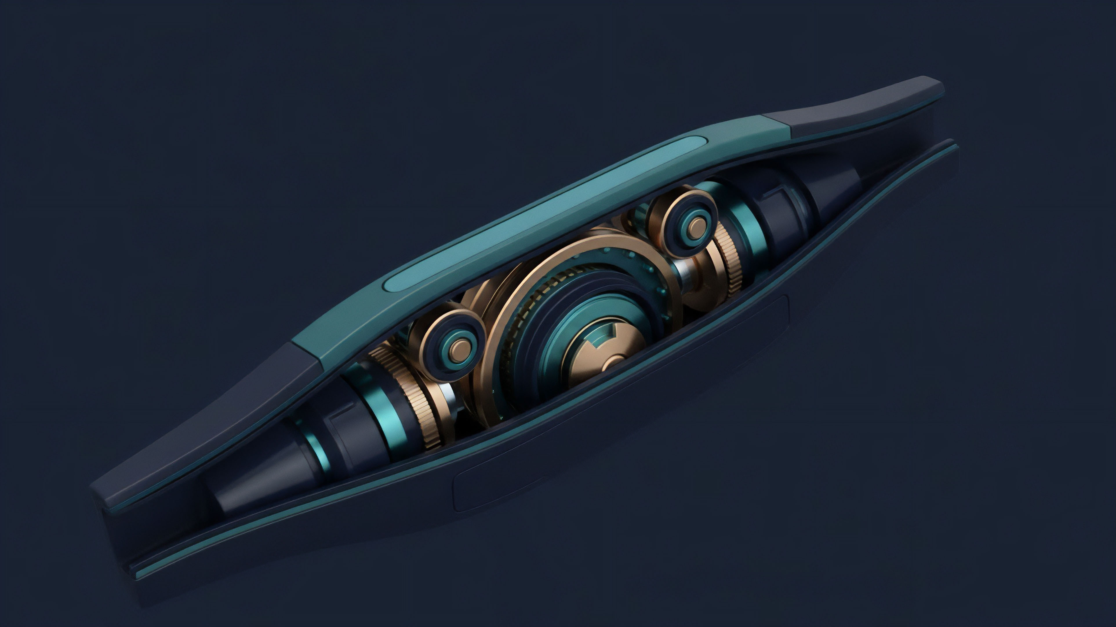 This detailed rendering showcases a sophisticated mechanical component, revealing its intricate internal gears and cylindrical structures encased within a sleek, futuristic housing. The color palette features deep teal, gold accents, and dark navy blue, giving the apparatus a high-tech aesthetic