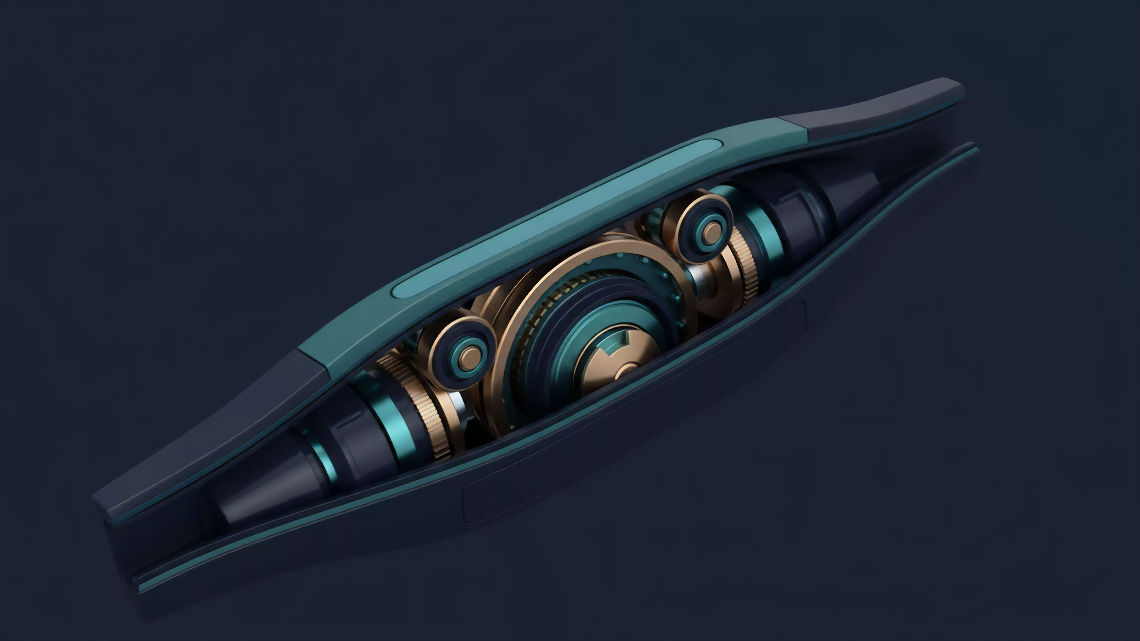 This detailed rendering showcases a sophisticated mechanical component, revealing its intricate internal gears and cylindrical structures encased within a sleek, futuristic housing. The color palette features deep teal, gold accents, and dark navy blue, giving the apparatus a high-tech aesthetic
