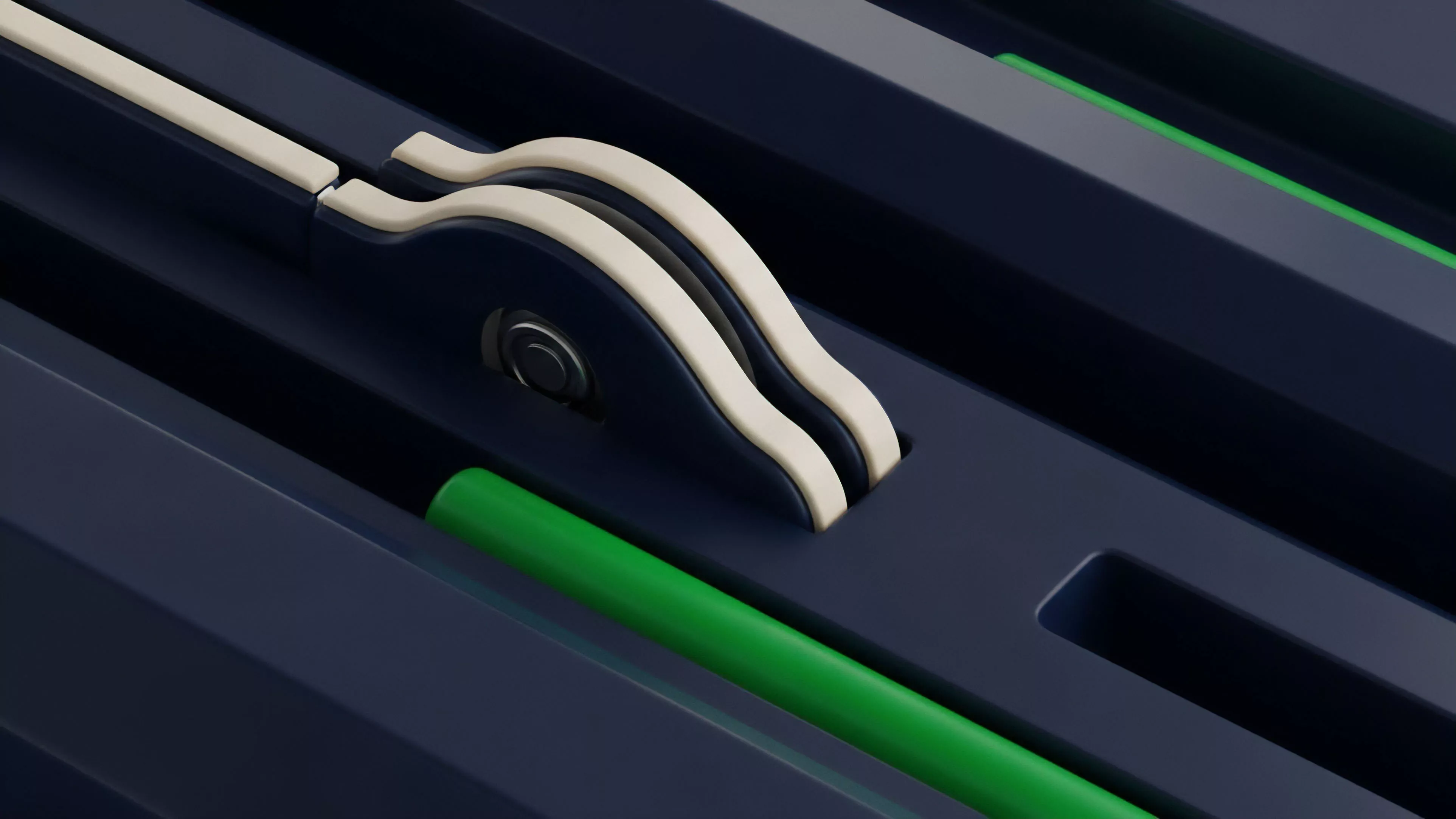 A close-up view shows a technical mechanism composed of dark blue or black surfaces and a central off-white lever system. A bright green bar runs horizontally through the lower portion, contrasting with the dark background
