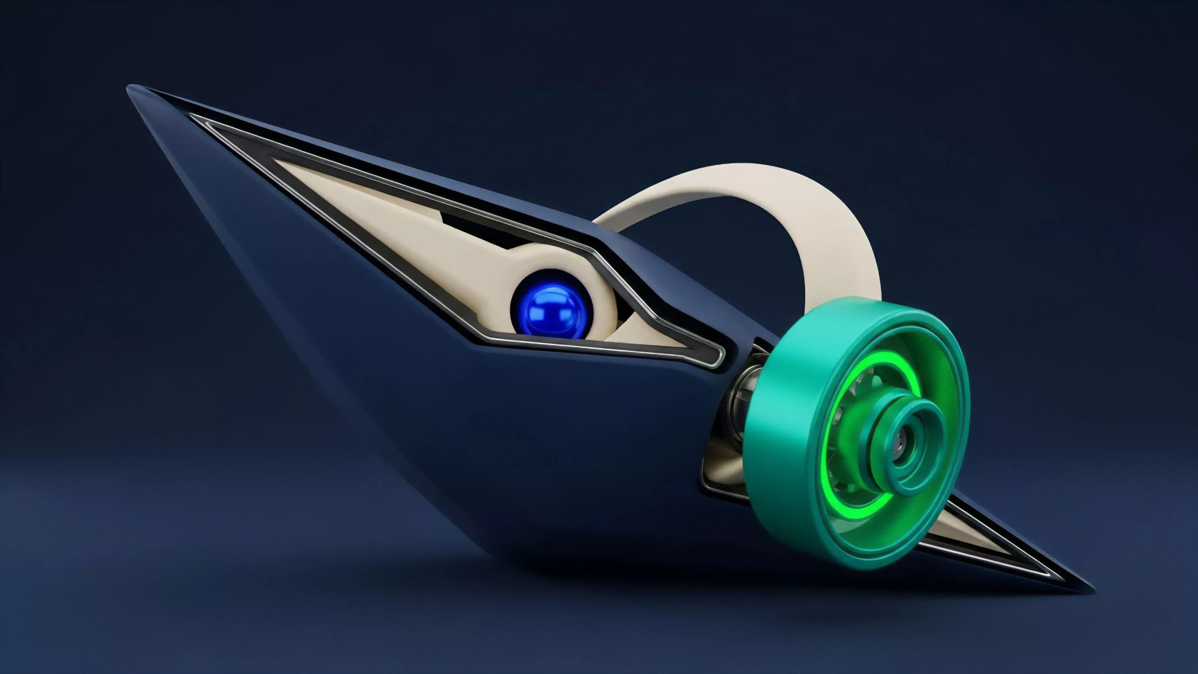 The sleek, dark blue object with sharp angles incorporates a prominent blue spherical component reminiscent of an eye, set against a lighter beige internal structure. A bright green circular element, resembling a wheel or dial, is attached to the side, contrasting with the dark primary color scheme