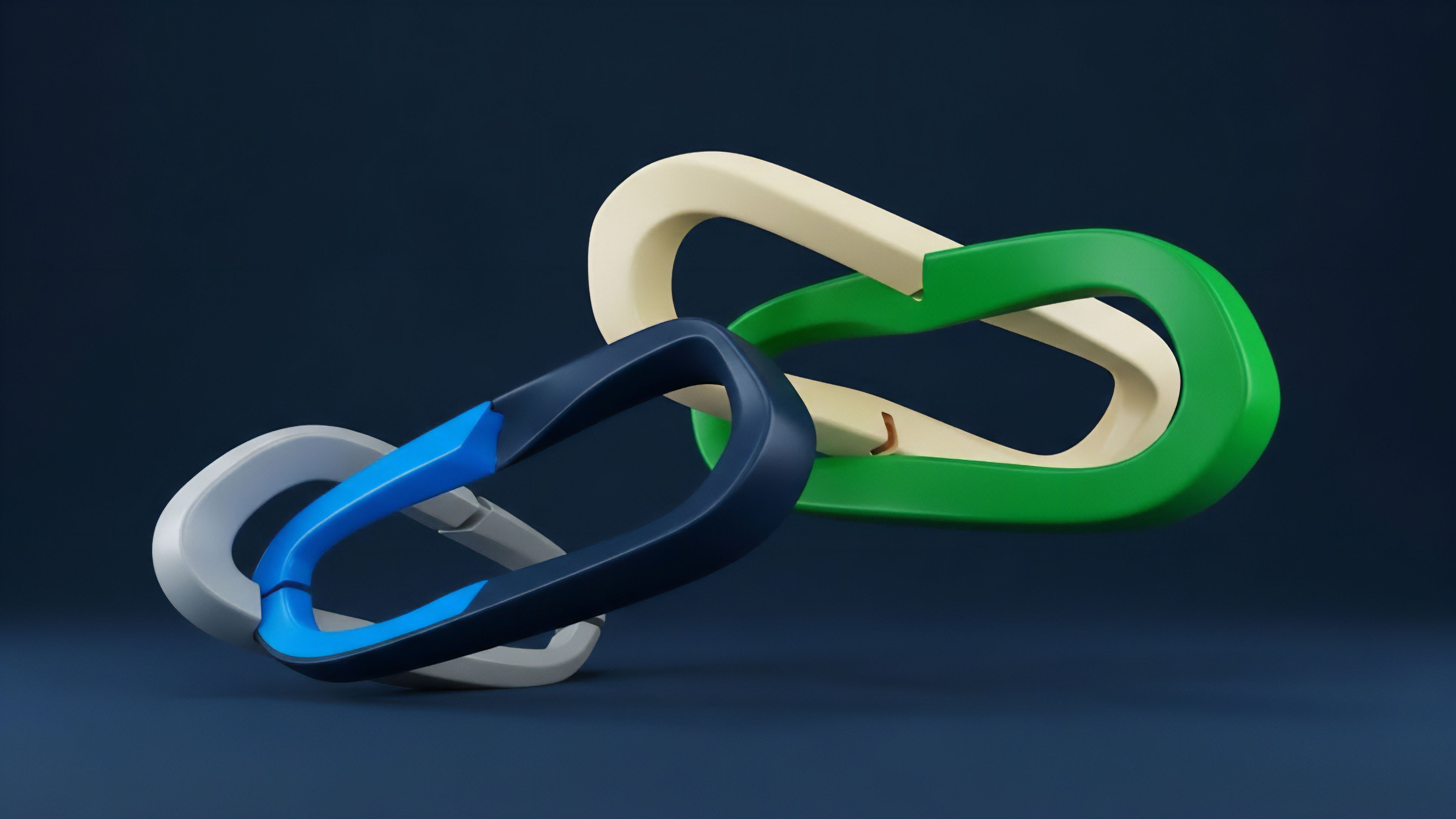 Three abstract, interlocking chain links ⎊ colored light green, dark blue, and light gray ⎊ are presented against a dark blue background, visually symbolizing complex interdependencies. The geometric shapes create a sense of dynamic motion and connection, with the central dark blue link appearing to pass through the other two links
