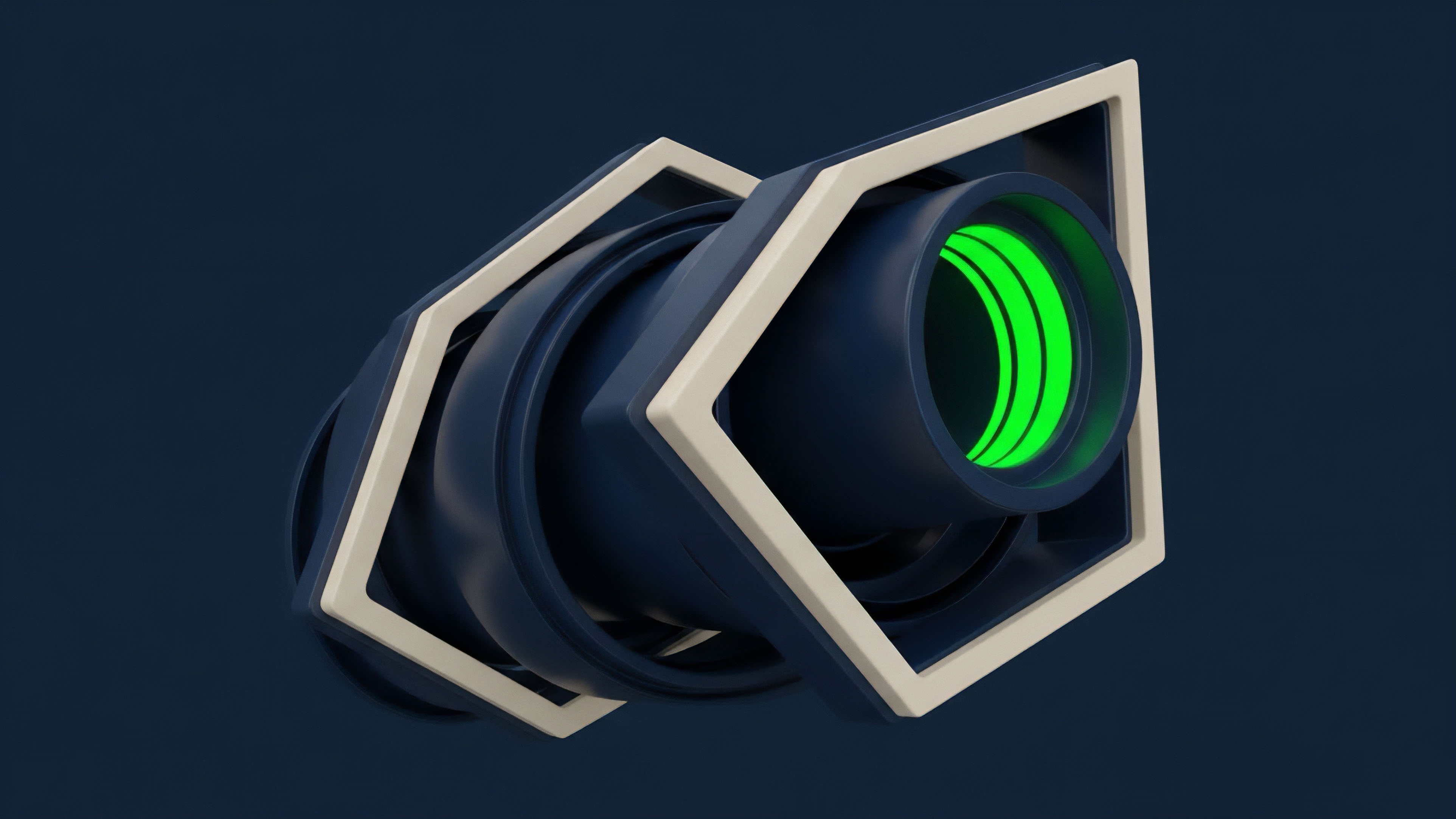 A futuristic, dark blue cylindrical device featuring a glowing neon-green light source with concentric rings at its center. This object metaphorically represents a sophisticated market surveillance system for algorithmic trading. The complex, angular frames symbolize the structured derivatives and exotic options utilized in quantitative finance. The green glow signifies real-time data flow and smart contract execution for precise risk management in liquidity provision across decentralized finance protocols.