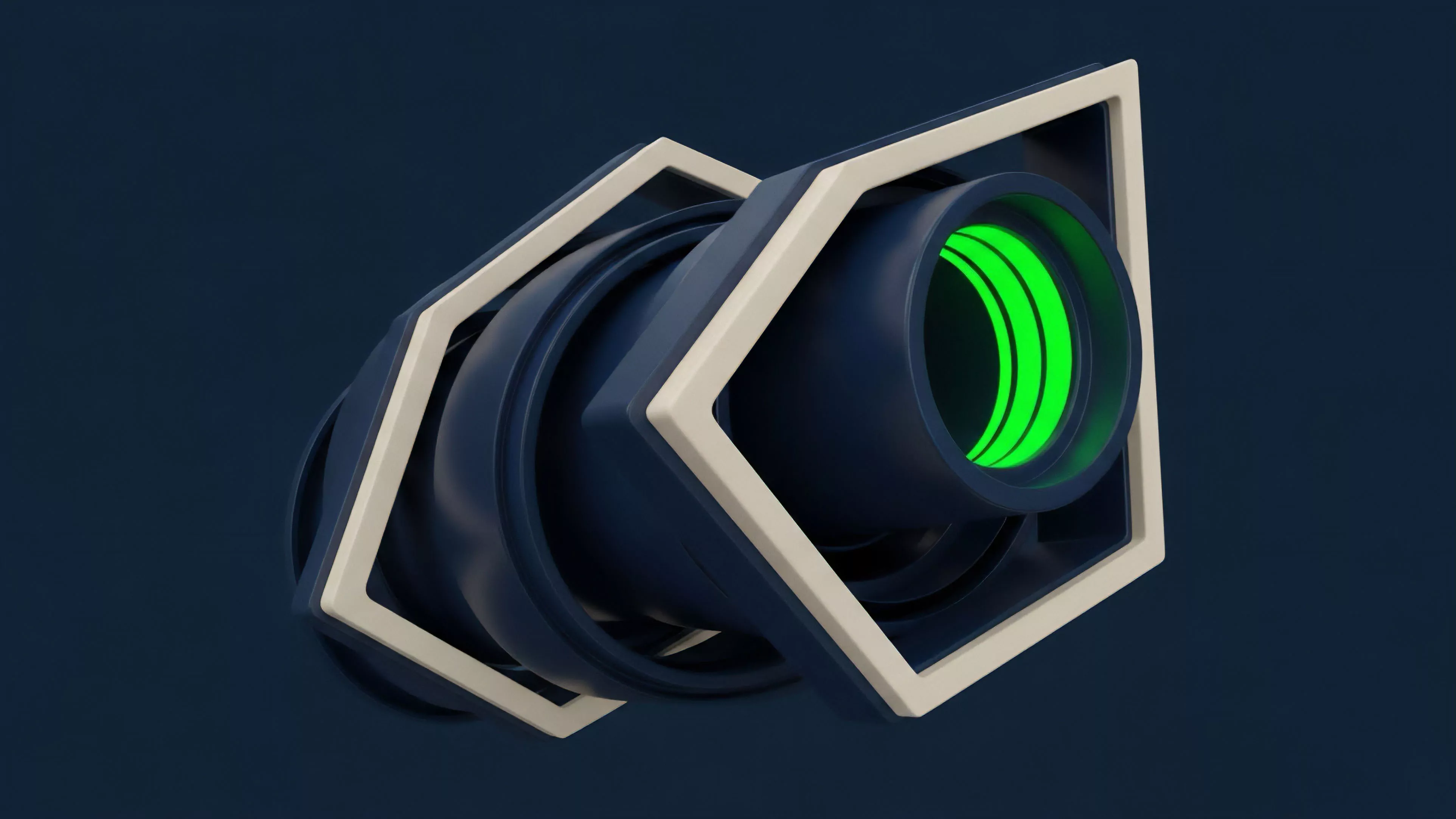 A futuristic, dark blue cylindrical device featuring a glowing neon-green light source with concentric rings at its center.