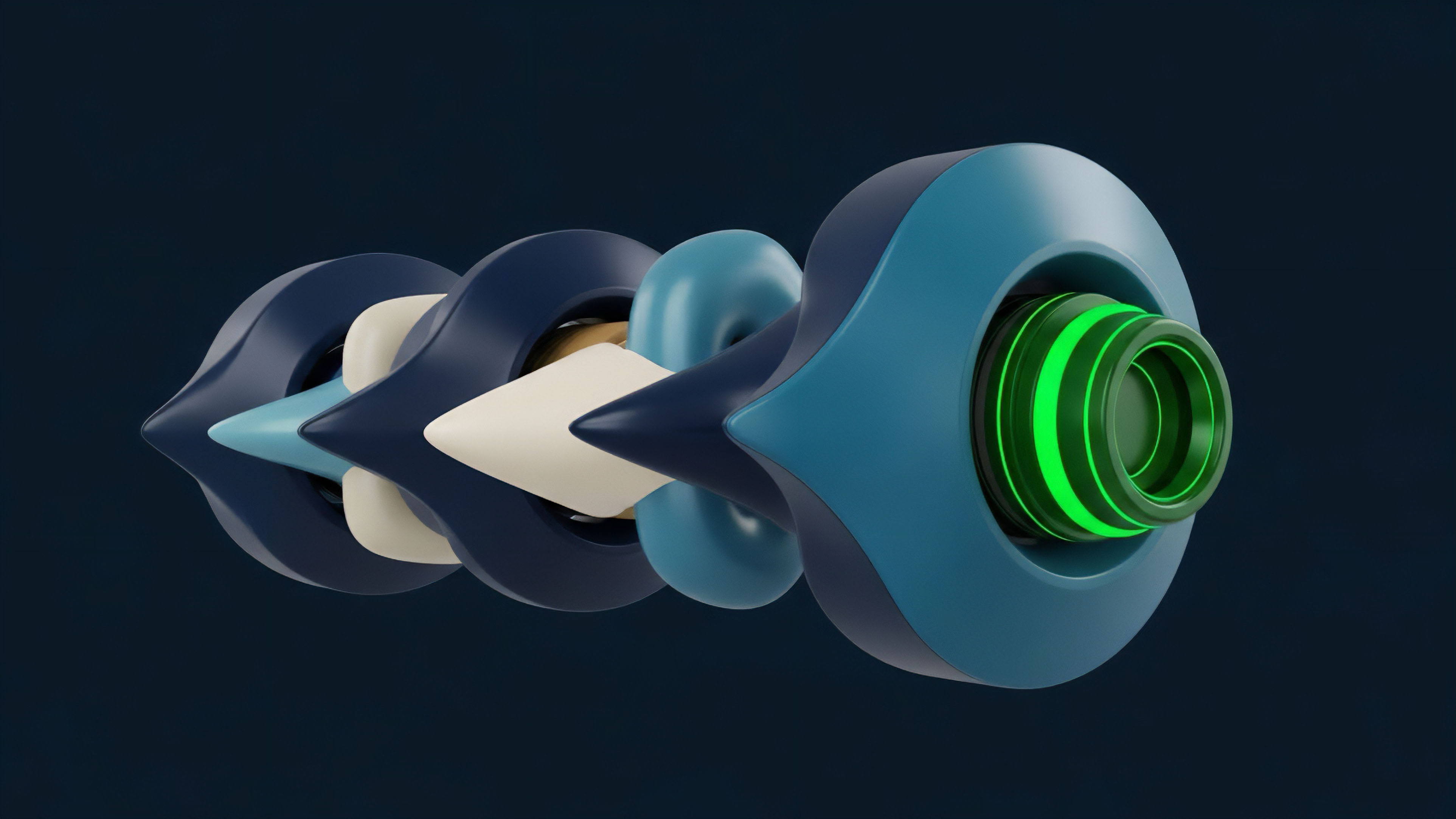 An abstract digital rendering shows a segmented, flowing construct with alternating dark blue, light blue, and off-white components, culminating in a prominent green glowing core. This design visualizes the layered mechanics of a complex financial instrument, such as a structured product or collateralized debt obligation within a DeFi protocol. The structure represents the intricate elements of a smart contract execution sequence, from collateralization to risk management frameworks. The flow represents algorithmic liquidity provision and the processing of synthetic assets. The green glow symbolizes yield generation achieved through price discovery via arbitrage opportunities within automated market makers.