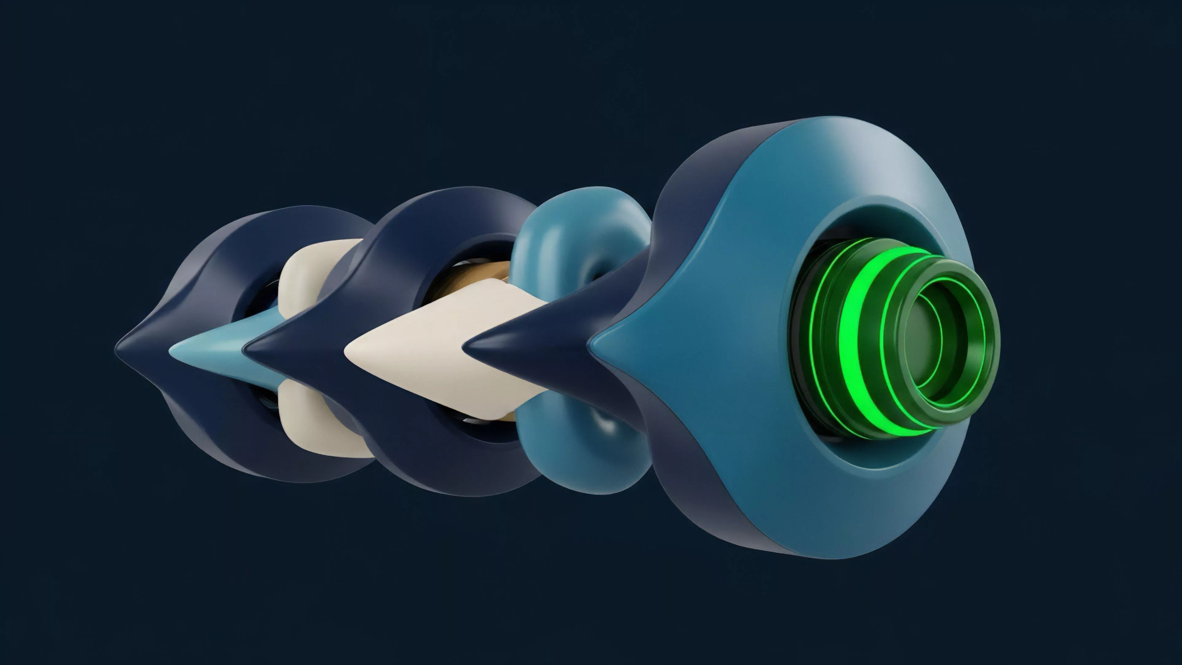An abstract digital rendering shows a segmented, flowing construct with alternating dark blue, light blue, and off-white components, culminating in a prominent green glowing core. This design visualizes the layered mechanics of a complex financial instrument, such as a structured product or collateralized debt obligation within a DeFi protocol. The structure represents the intricate elements of a smart contract execution sequence, from collateralization to risk management frameworks. The flow represents algorithmic liquidity provision and the processing of synthetic assets. The green glow symbolizes yield generation achieved through price discovery via arbitrage opportunities within automated market makers.